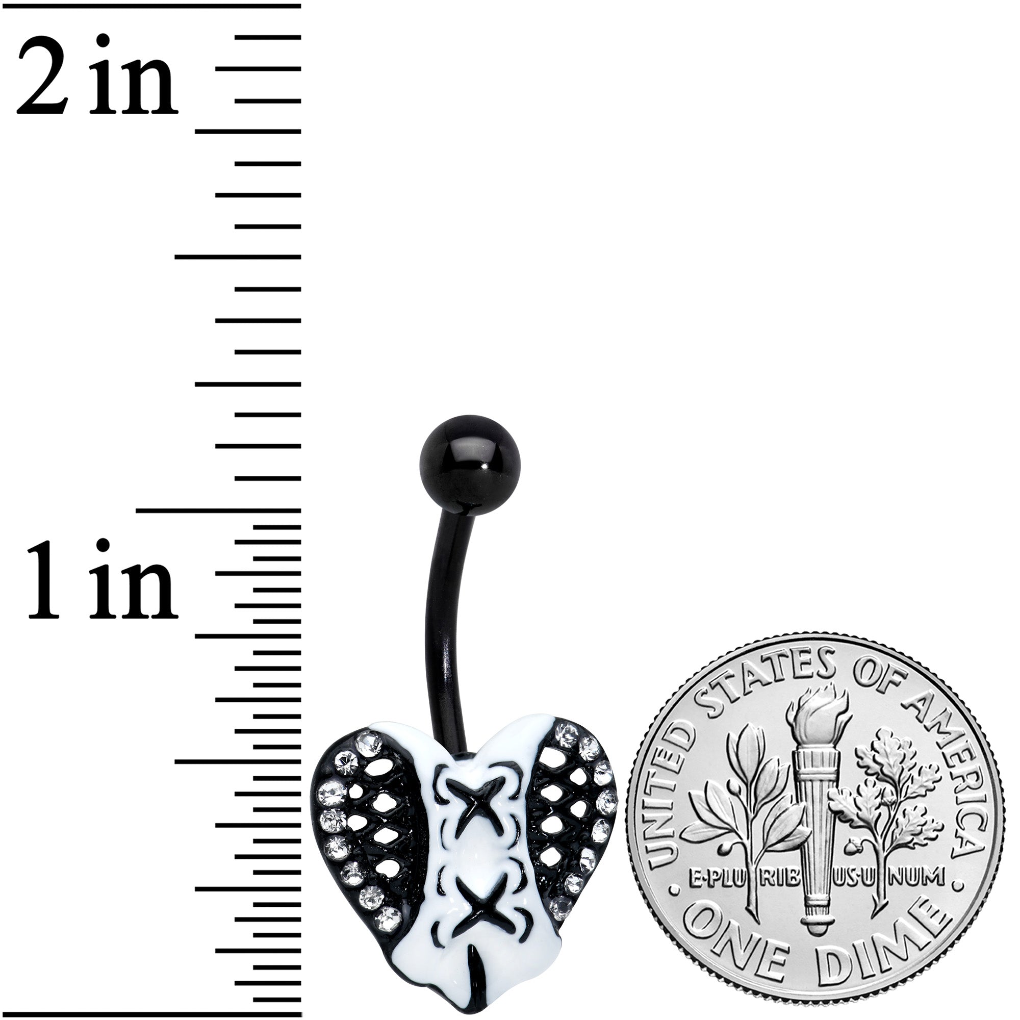 BodyCandy Clear Gem Black White Corset Heart Valentines Day Belly Ring — detail close-up