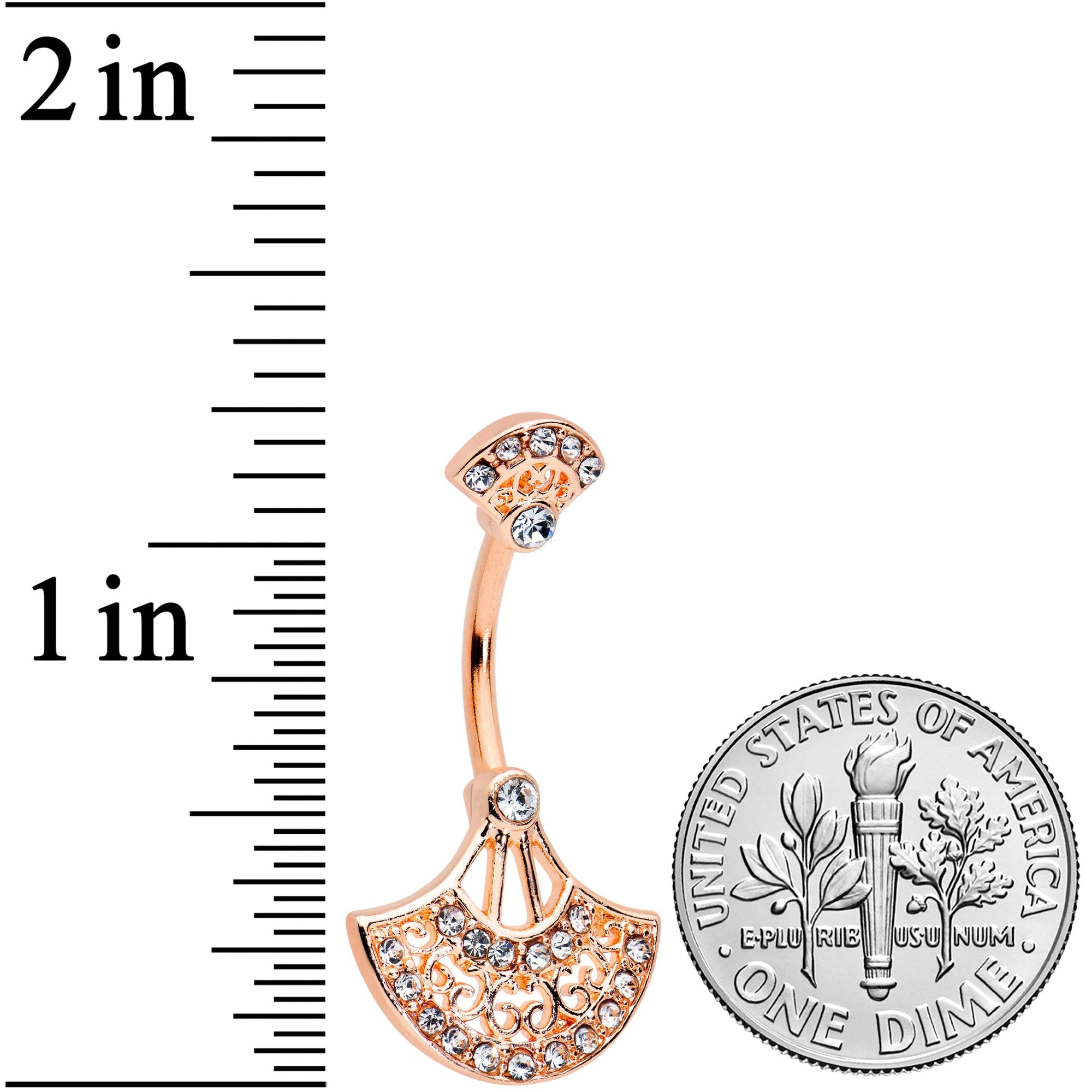 BodyCandy Clear Gem Rose Gold Tone Exotic Fan Double Mount Belly Ring — detail close-up