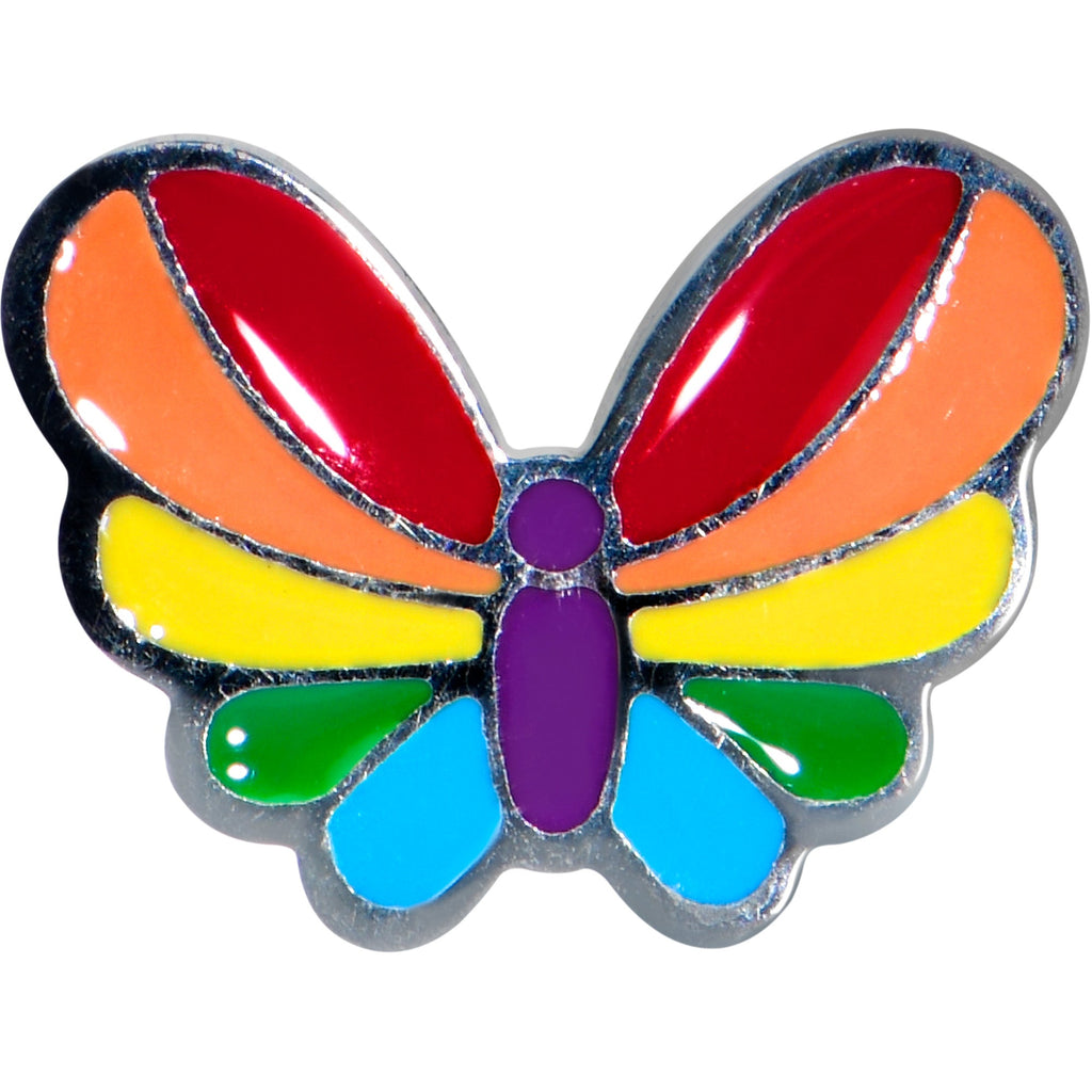 BodyCandy Pride Rainbow Stripes Butterfly Barbell Tongue Ring — detail close-up