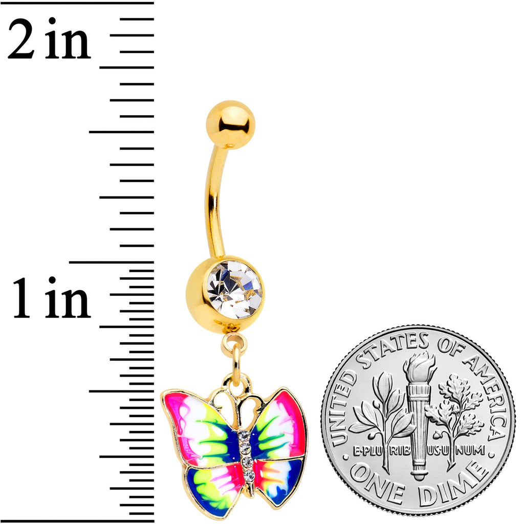 BodyCandy Clear Gem Gold Tone Bright Rainbow Butterfly Dangle Belly Ring — detail close-up