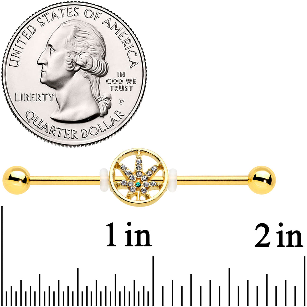 BodyCandy 14G Clear Gem Gold Tone Pot Leaf Circle Industrial Barbell 38mm — detail close-up