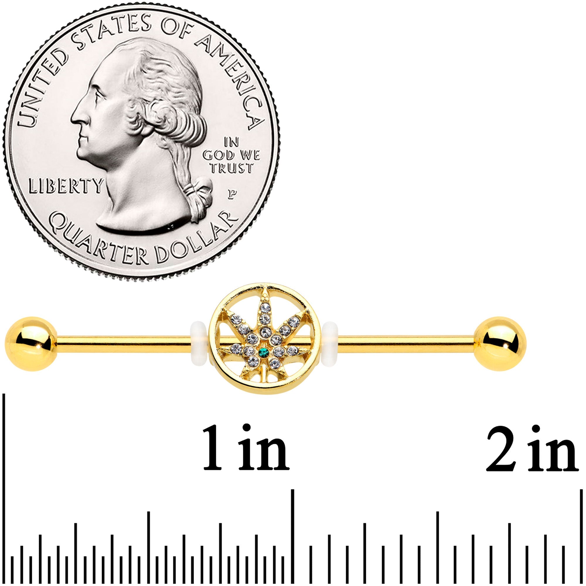 BodyCandy 14G Clear Gem Gold Tone Pot Leaf Circle Industrial Barbell 38mm — detail close-up