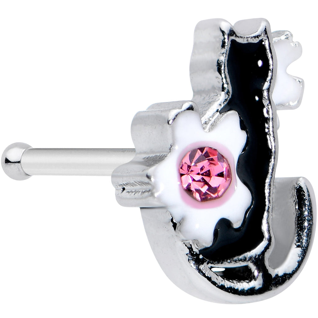 BodyCandy 20G 1/4 Pink Gem Black Cat White Flowers Nose Bone — main product shot