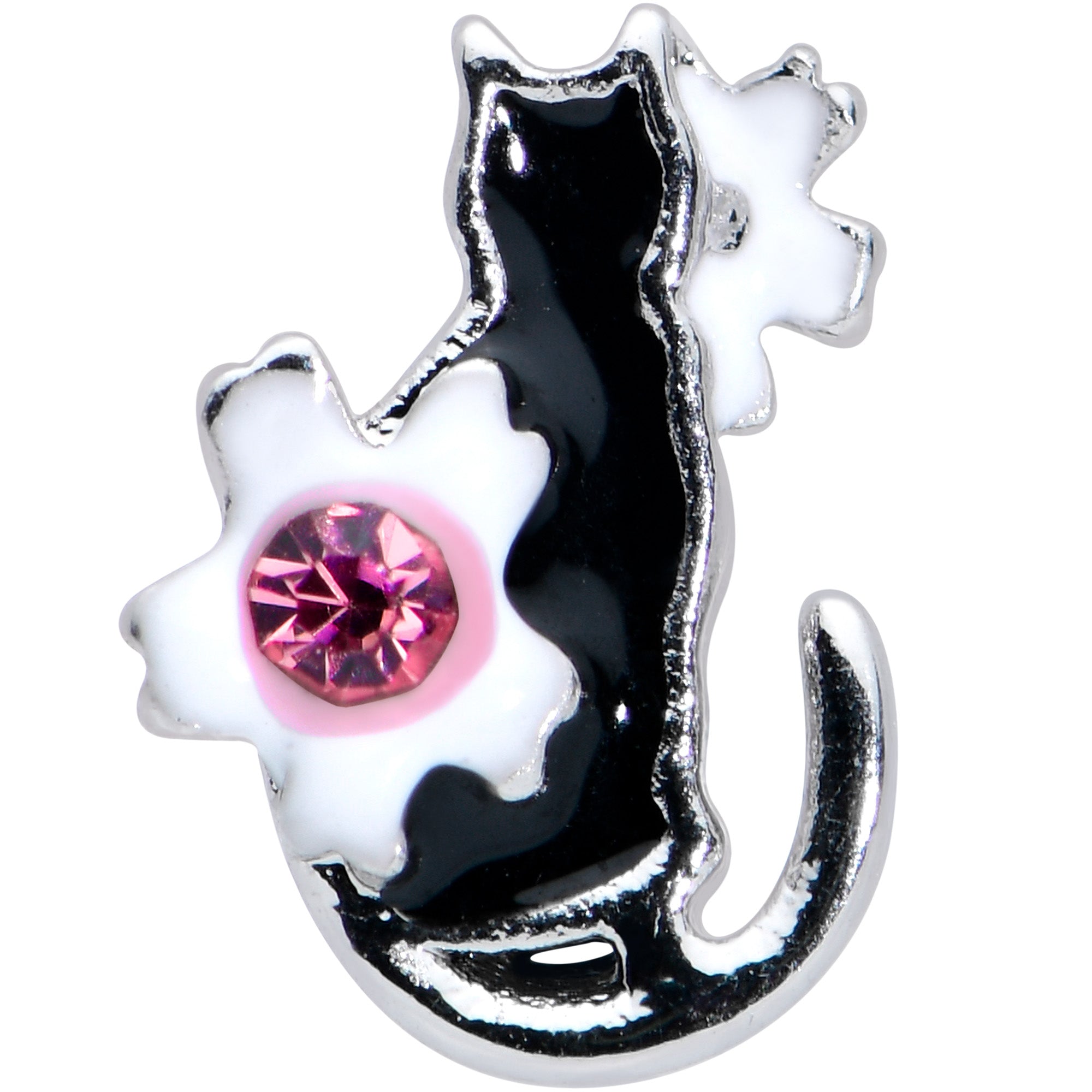 BodyCandy 20G 1/4 Pink Gem Black Cat White Flowers Nose Bone — detail close-up