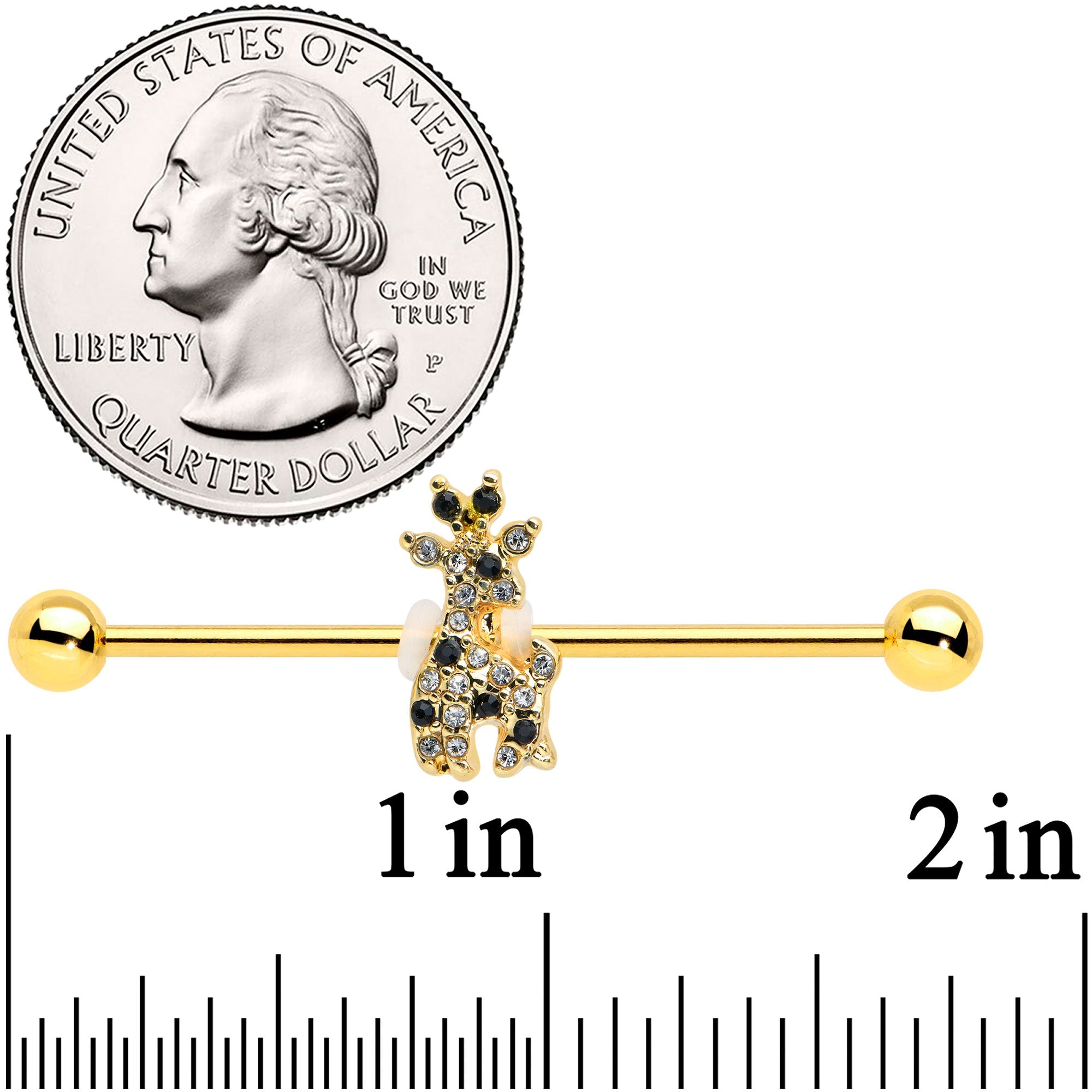 BodyCandy 14G Black Gem Gold Tone Decadent Deer Industrial Barbell 38mm — detail close-up