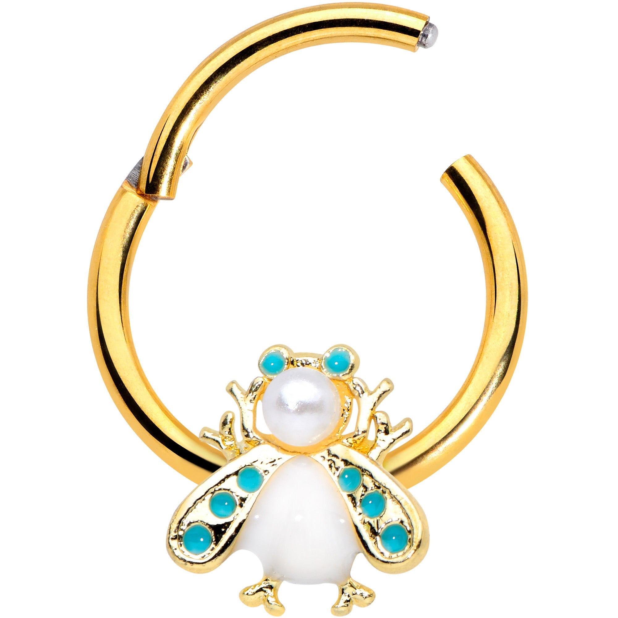 BodyCandy 16G 3/8 White Gem Gold Tone Snow Bug Hinged Segment Ring — detail close-up