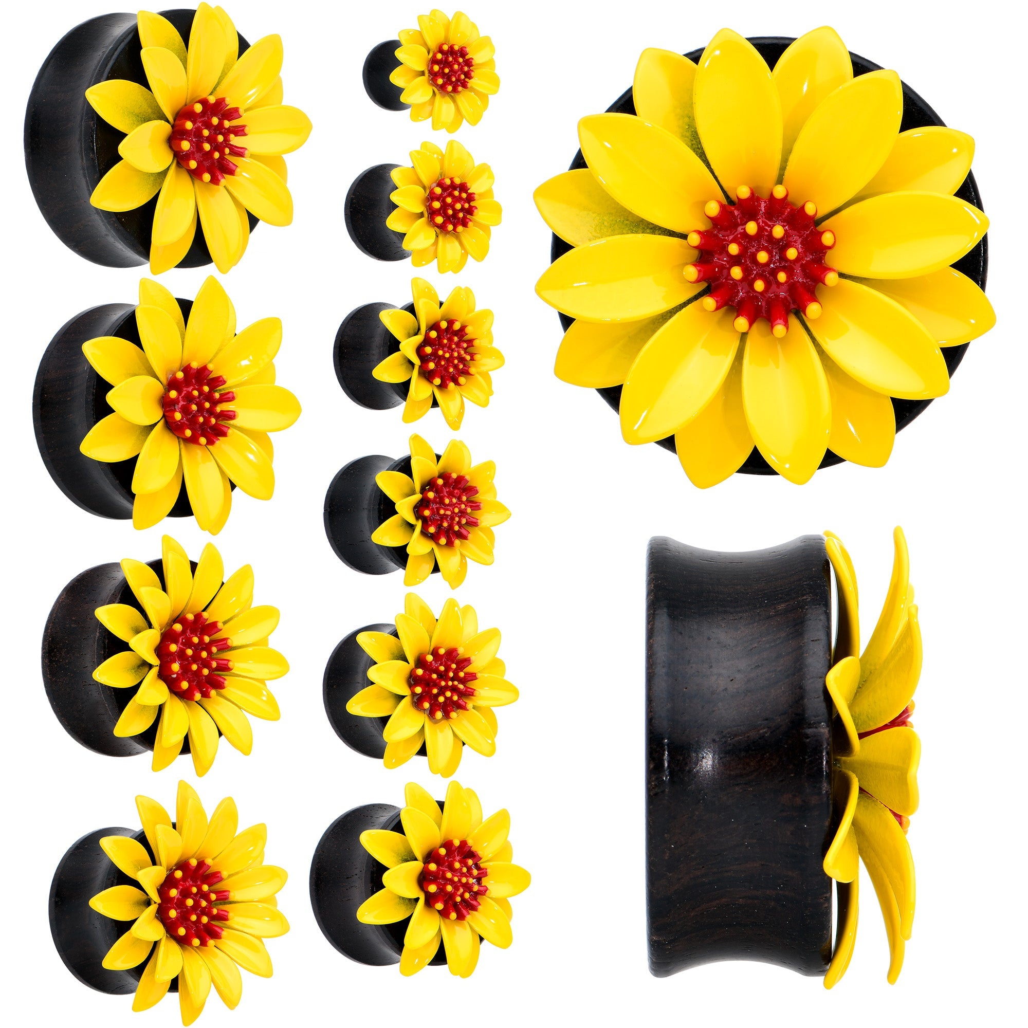 BodyCandy Natural Wood Yellow Sunflower Double Flare Plug Set — main product shot