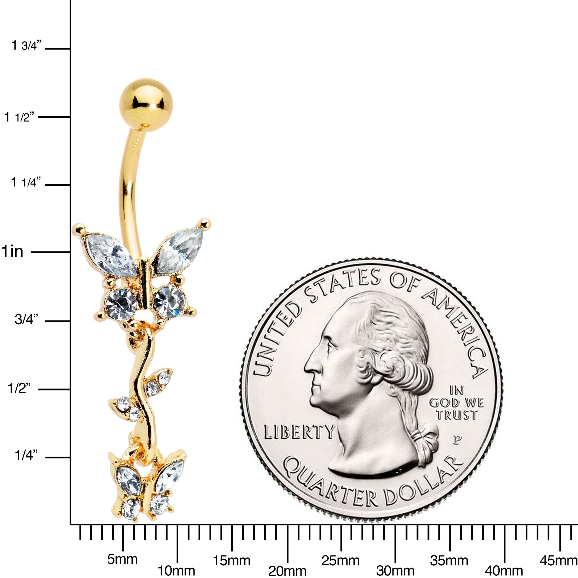 BodyCandy Clear Gem Gold Tone Vine Butterfly Dangle Belly Ring — detail close-up