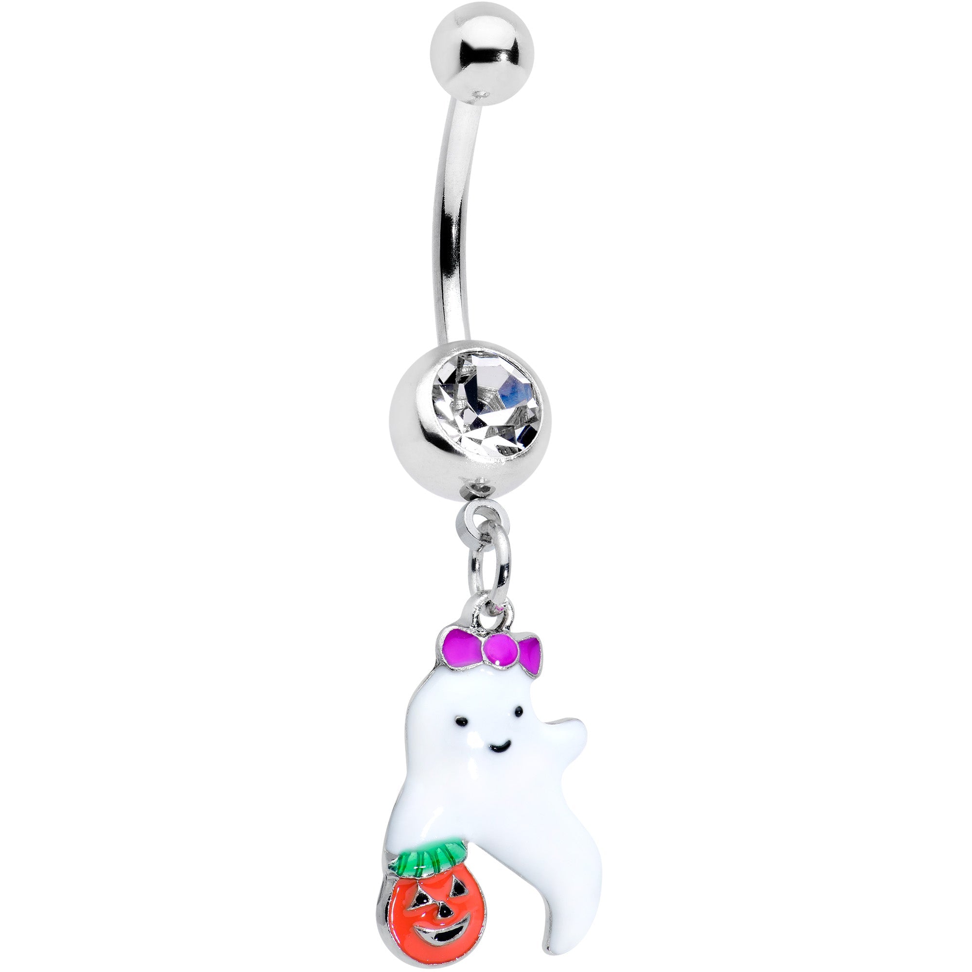 BodyCandy Clear Gem Trick or Treat Purple Bow Ghost Halloween Dangle Belly Ring — main product shot
