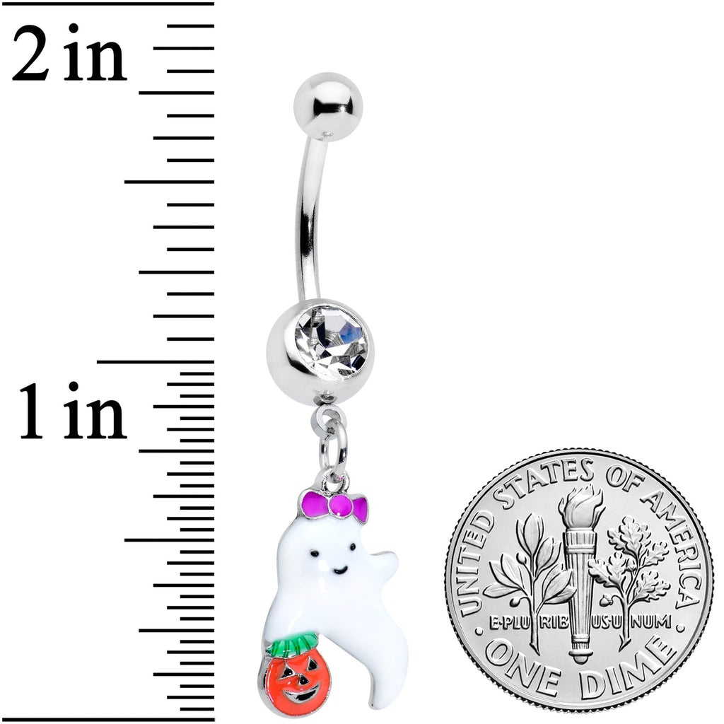 BodyCandy Clear Gem Trick or Treat Purple Bow Ghost Halloween Dangle Belly Ring — detail close-up