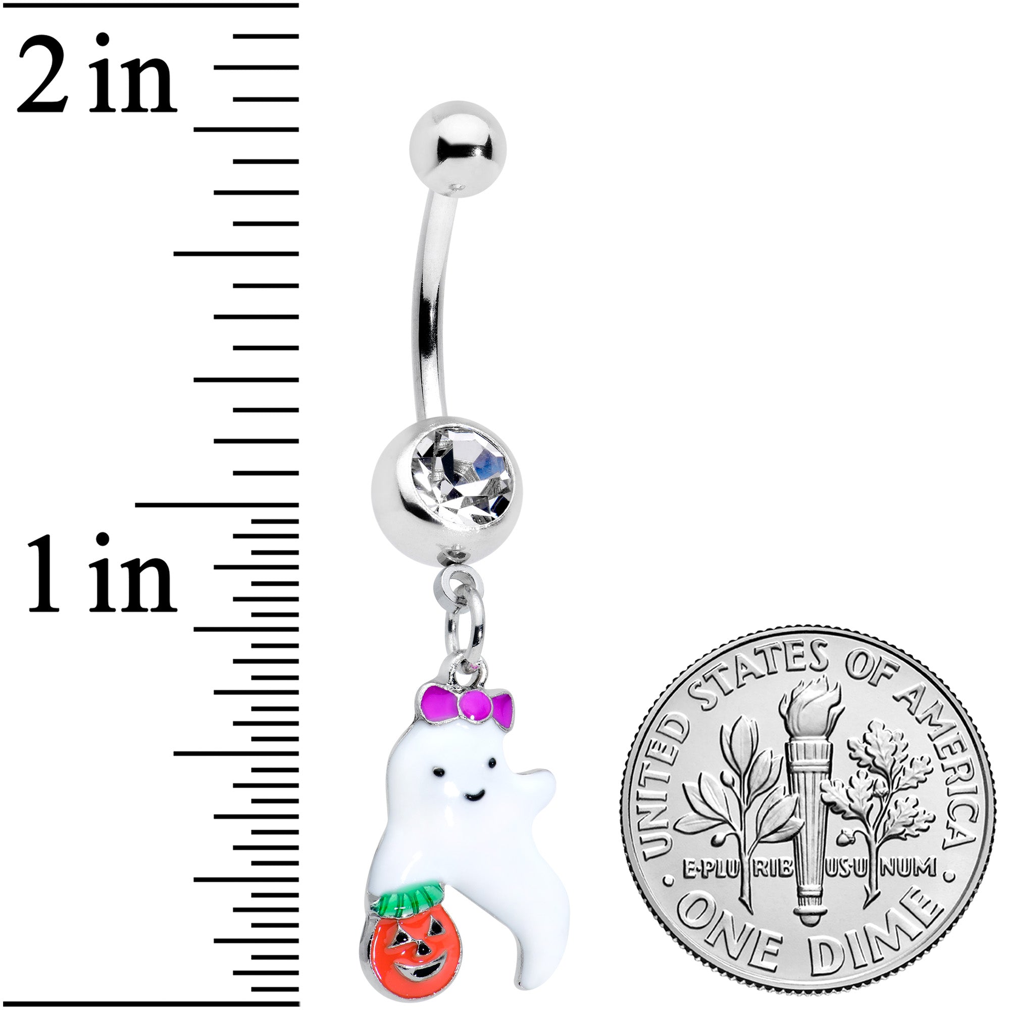 BodyCandy Clear Gem Trick or Treat Purple Bow Ghost Halloween Dangle Belly Ring — detail close-up