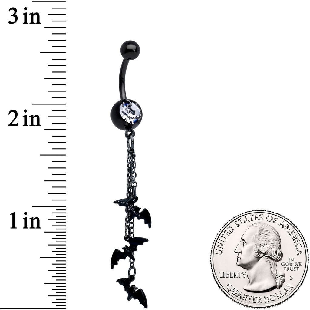 BodyCandy Clear Gem Black Gone Batty Halloween Dangle Belly Ring — detail close-up
