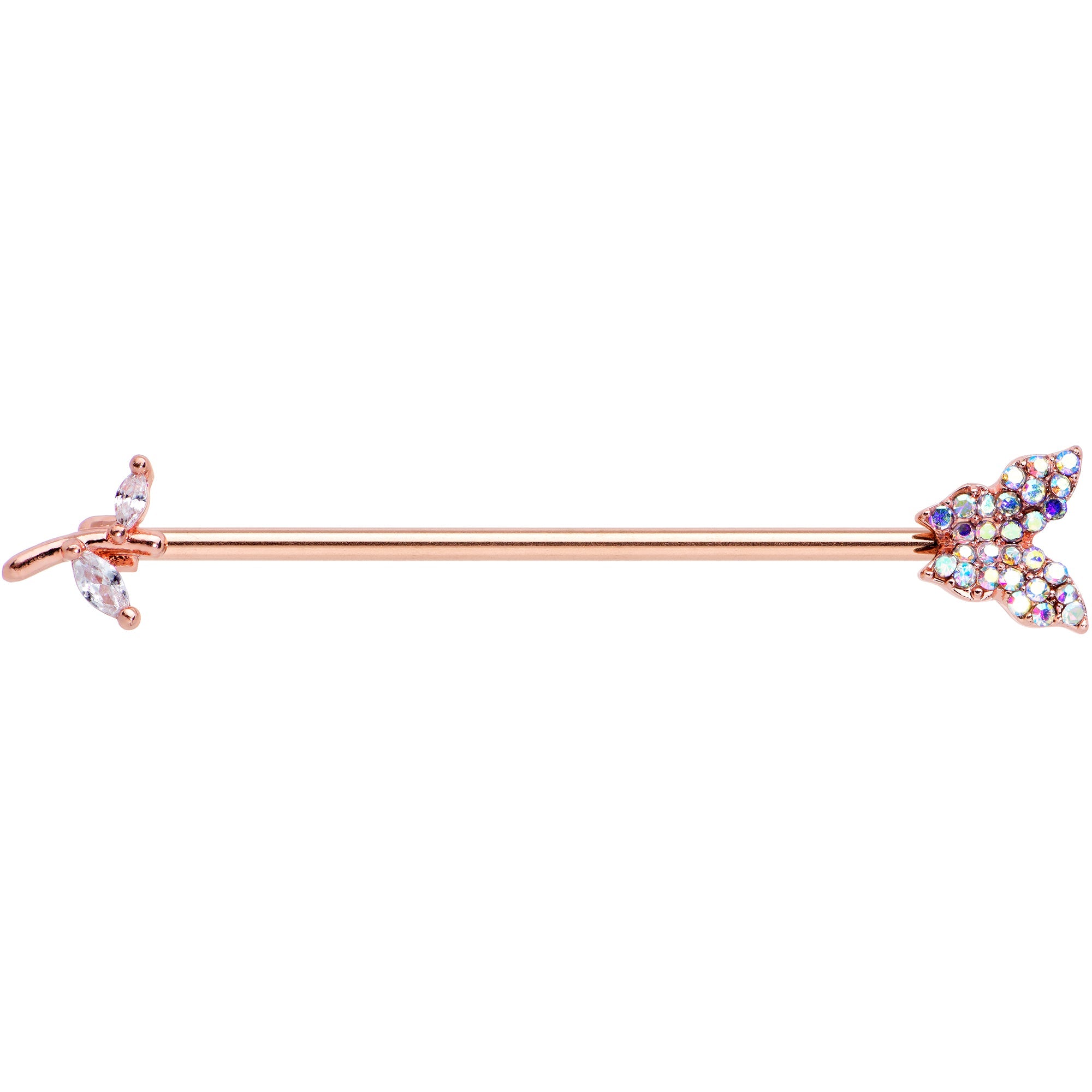 BodyCandy 14G Aurora CZ Rose Gold Tone Butterfly Industrial Barbell 38mm — detail close-up