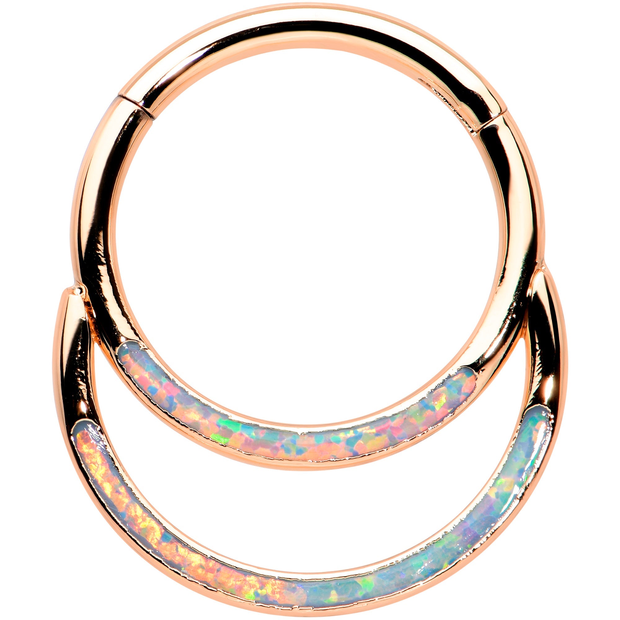 BodyCandy 16G 3/8 White Synth Opal Rosy Tone Double Row Hinged Segment Ring — main product shot