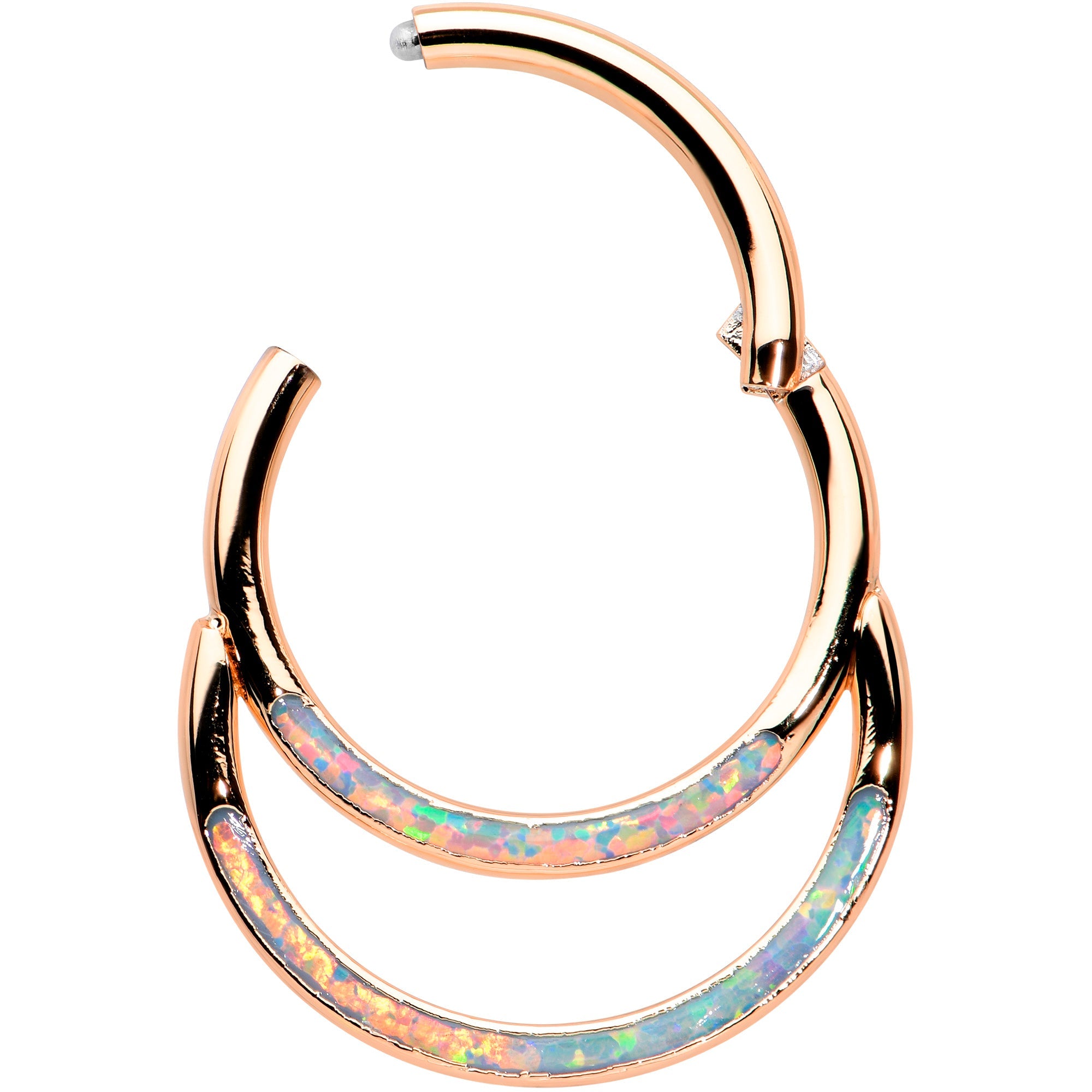 BodyCandy 16G 3/8 White Synth Opal Rosy Tone Double Row Hinged Segment Ring — detail close-up