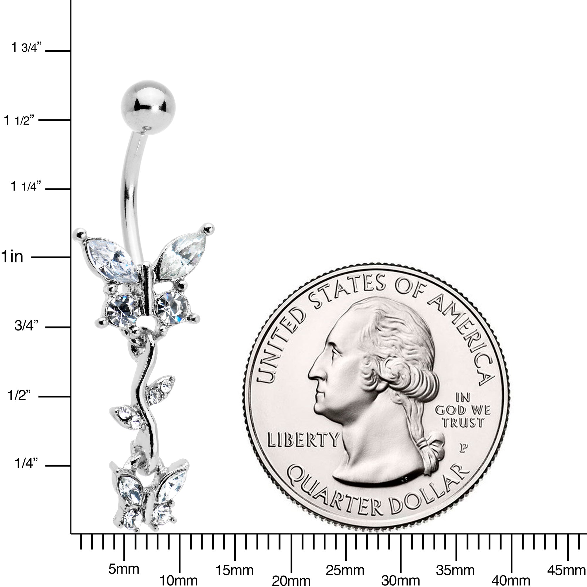 BodyCandy Clear Gem Vine Butterfly Dangle Belly Ring — detail close-up