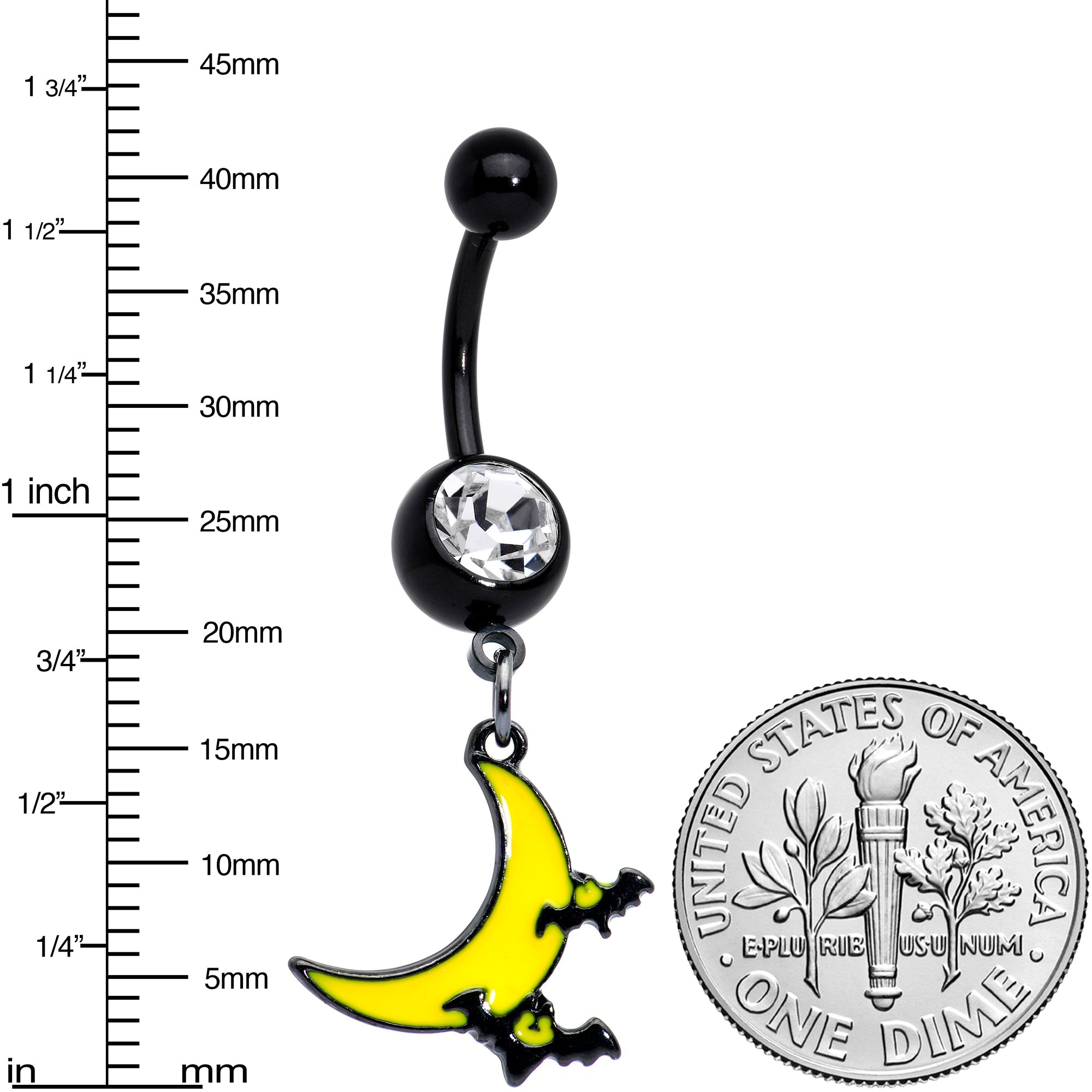 BodyCandy Clear Gem Black Batty Moon Halloween Dangle Belly Ring — detail close-up