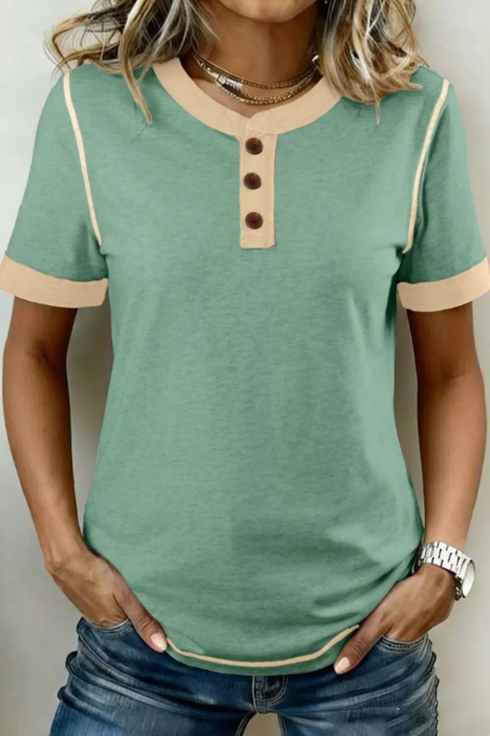 Casual Short Sleeve Button Detail Blouse