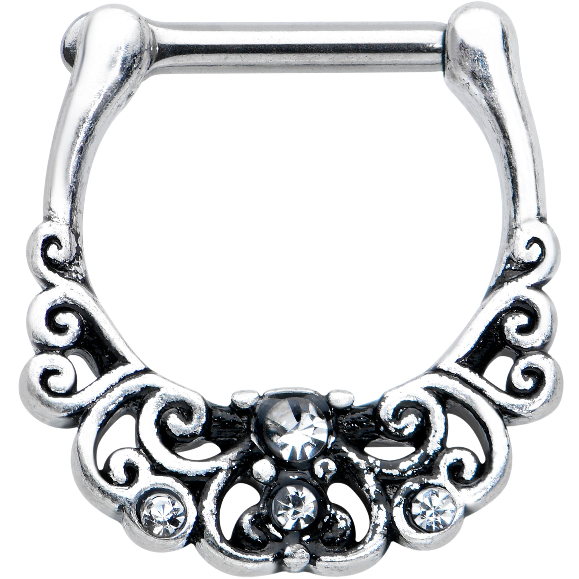BodyCandy 16G 3/8 Clear Gem Elegant Scrollwork Cartilage Clicker — main product shot