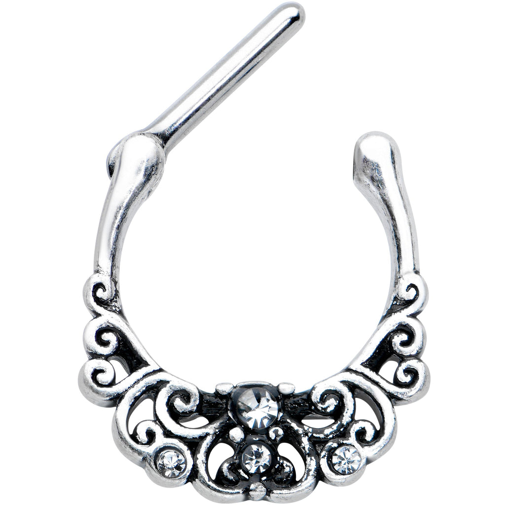 BodyCandy 16G 3/8 Clear Gem Elegant Scrollwork Cartilage Clicker — detail close-up