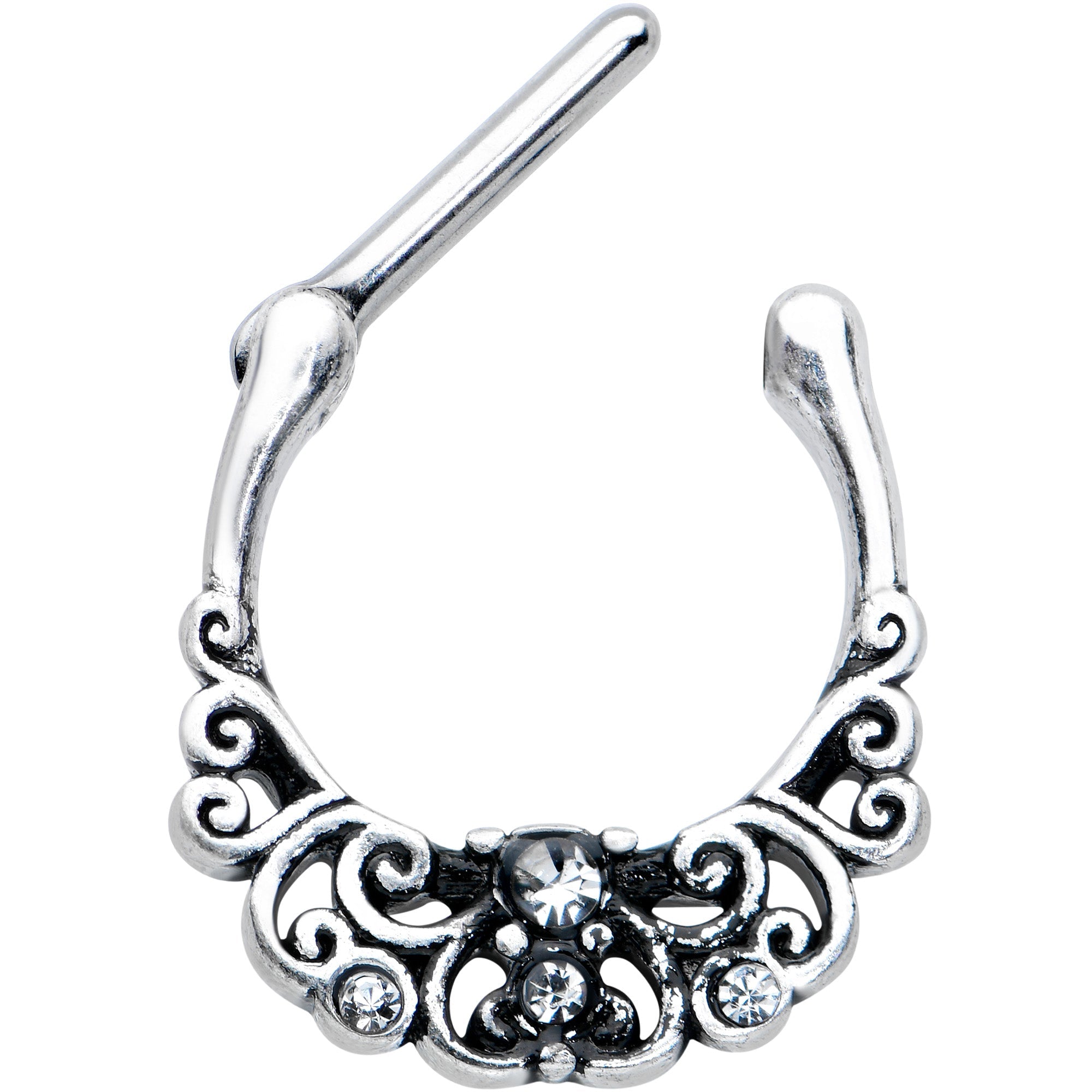 BodyCandy 16G 3/8 Clear Gem Elegant Scrollwork Cartilage Clicker — detail close-up