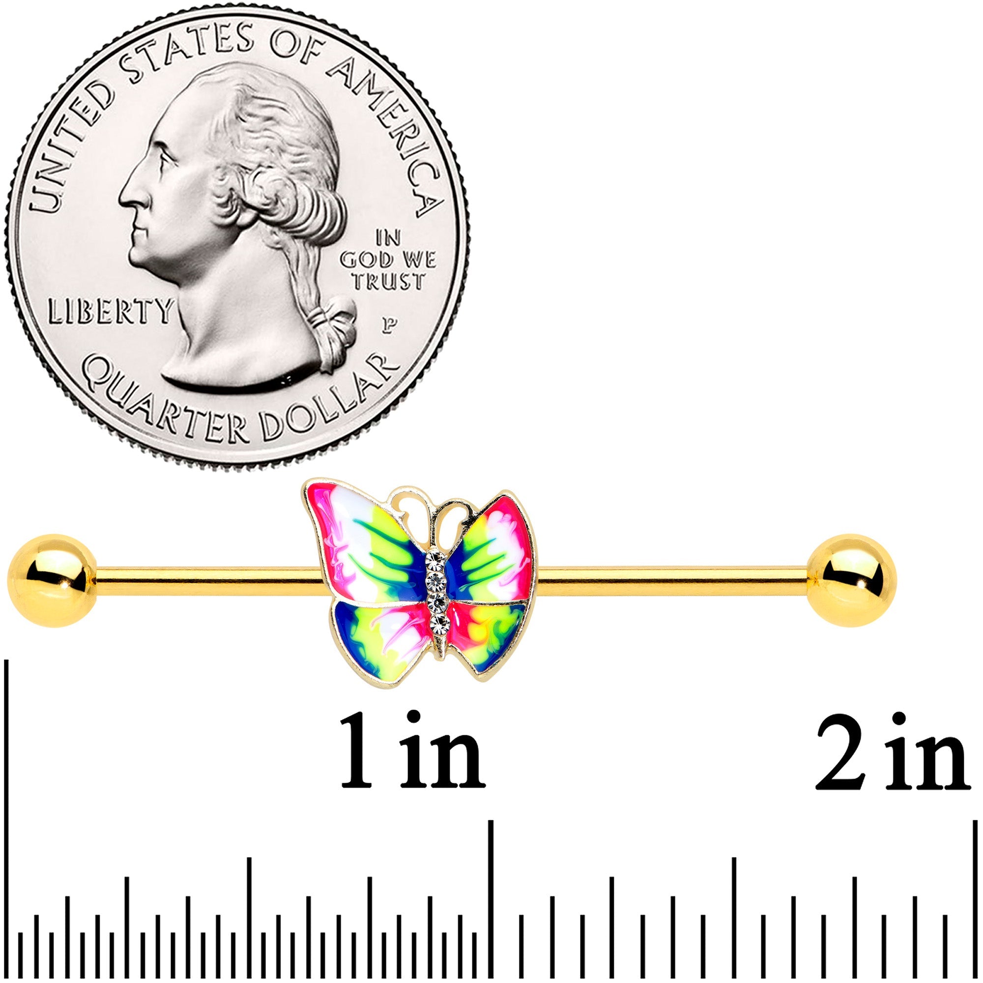 BodyCandy 14G Clear Gem Gold Tone Bright Butterfly Industrial Barbell 38mm — detail close-up