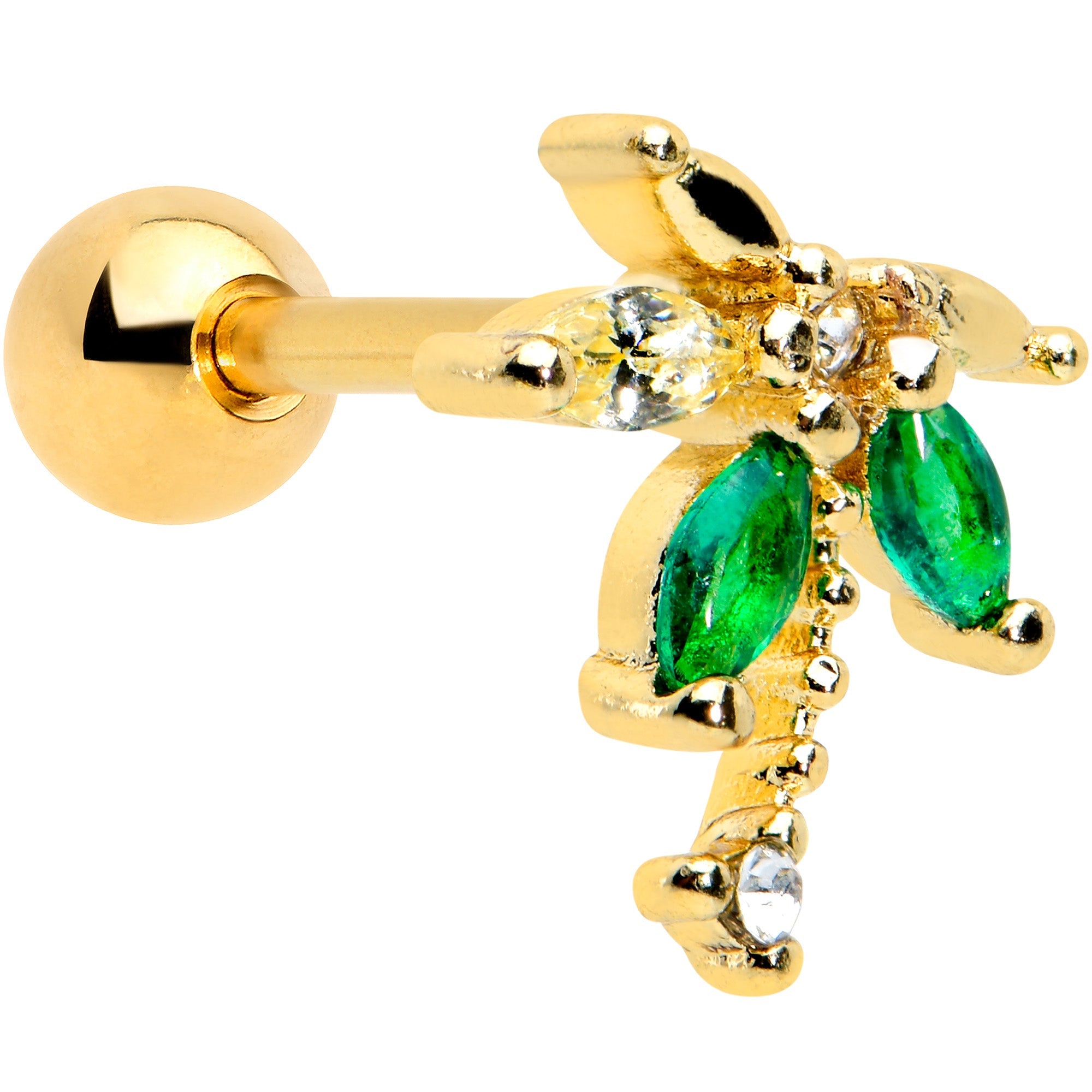 BodyCandy 16G 1/4 Green Gem Gold Tone Palm Tree Cartilage Tragus Earring — main product shot