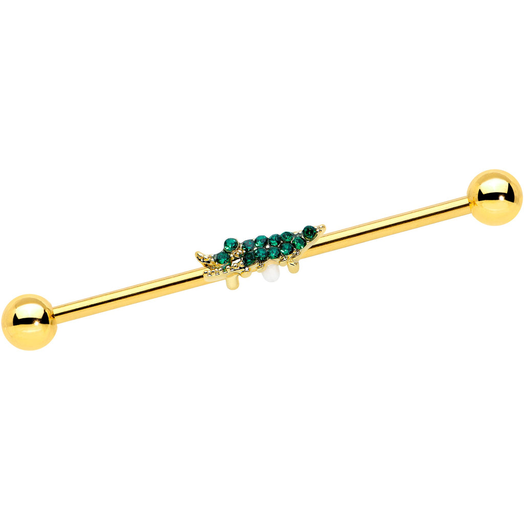 BodyCandy 14G Green Gem Gold Tone Tropical Gator Industrial Barbell 38mm — main product shot