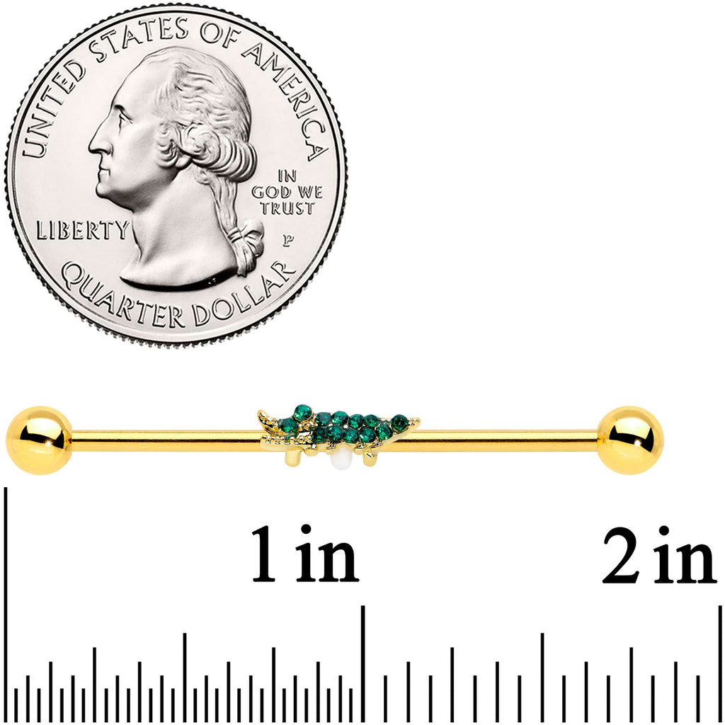 BodyCandy 14G Green Gem Gold Tone Tropical Gator Industrial Barbell 38mm — detail close-up