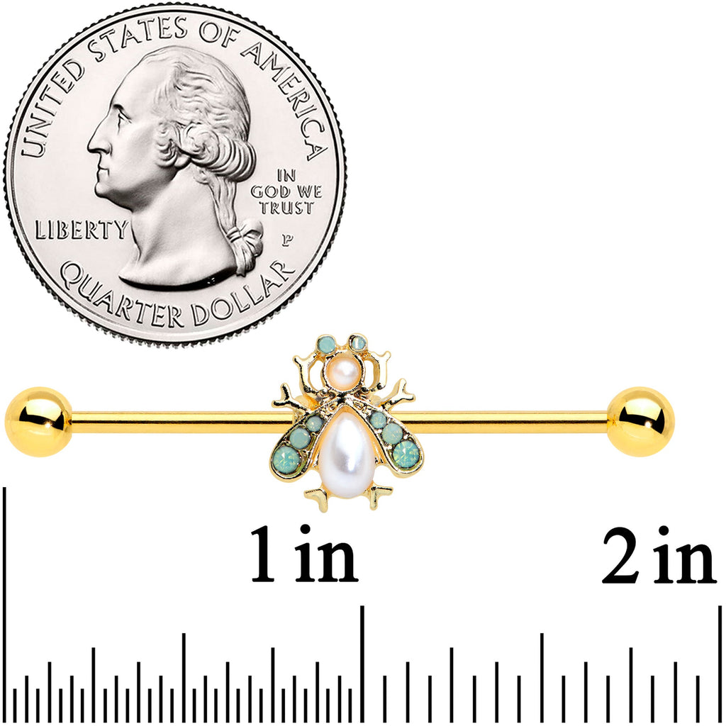 BodyCandy 14G White Gem Gold Tone Snow Bug Industrial Barbell 38mm — detail close-up