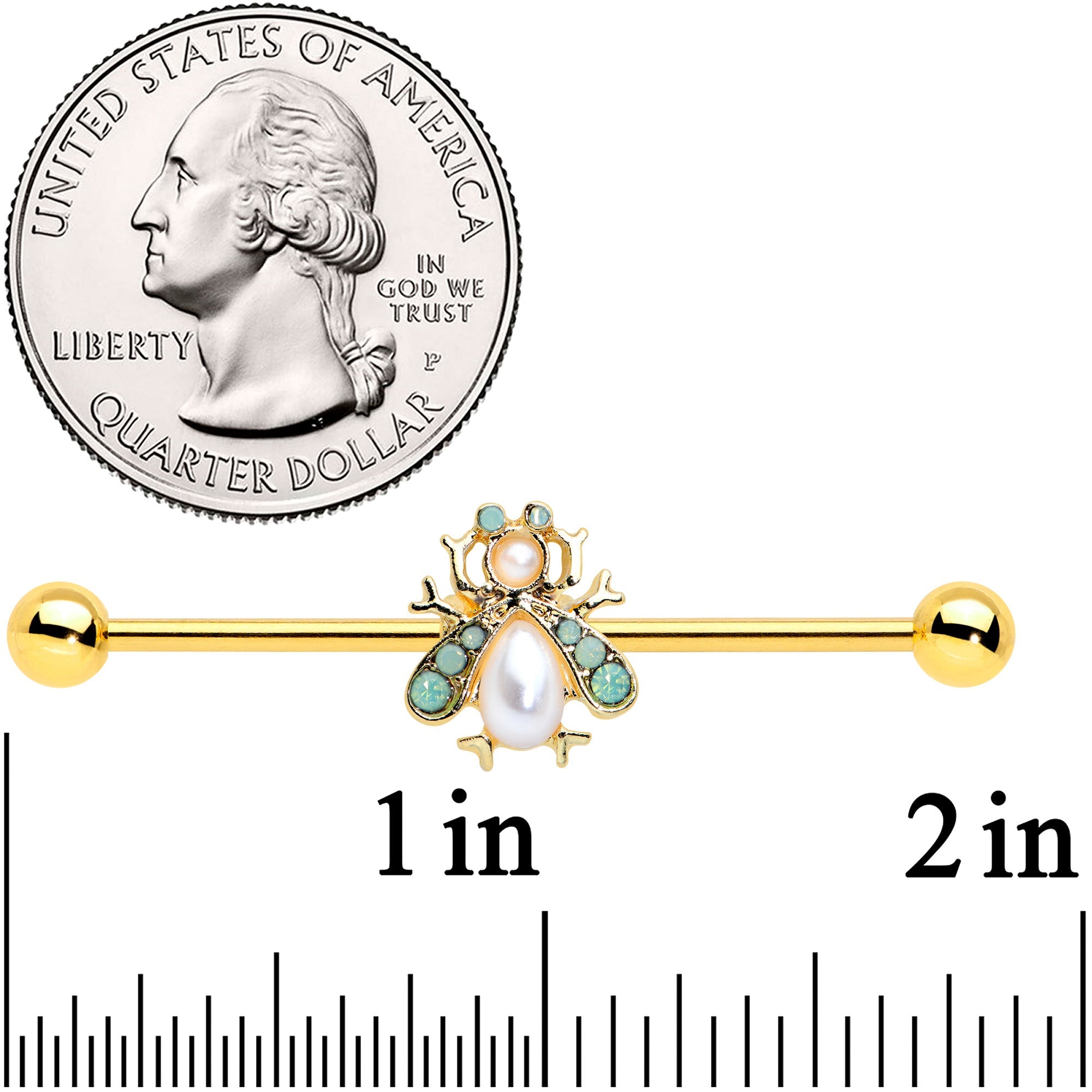 BodyCandy 14G White Gem Gold Tone Snow Bug Industrial Barbell 38mm — detail close-up
