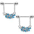 BodyCandy 14G 9/16 Clear Blue Gem Leafy Branch Dangle Nipple Ring Set — main product shot