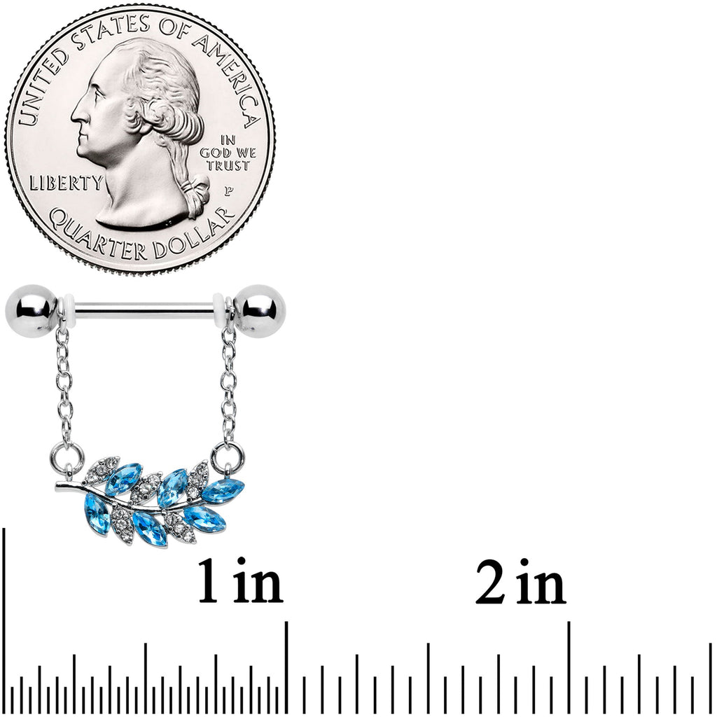 BodyCandy 14G 9/16 Clear Blue Gem Leafy Branch Dangle Nipple Ring Set — detail close-up
