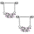 BodyCandy 14G 9/16 Clear Pink Gem Leafy Branch Dangle Nipple Ring Set — main product shot