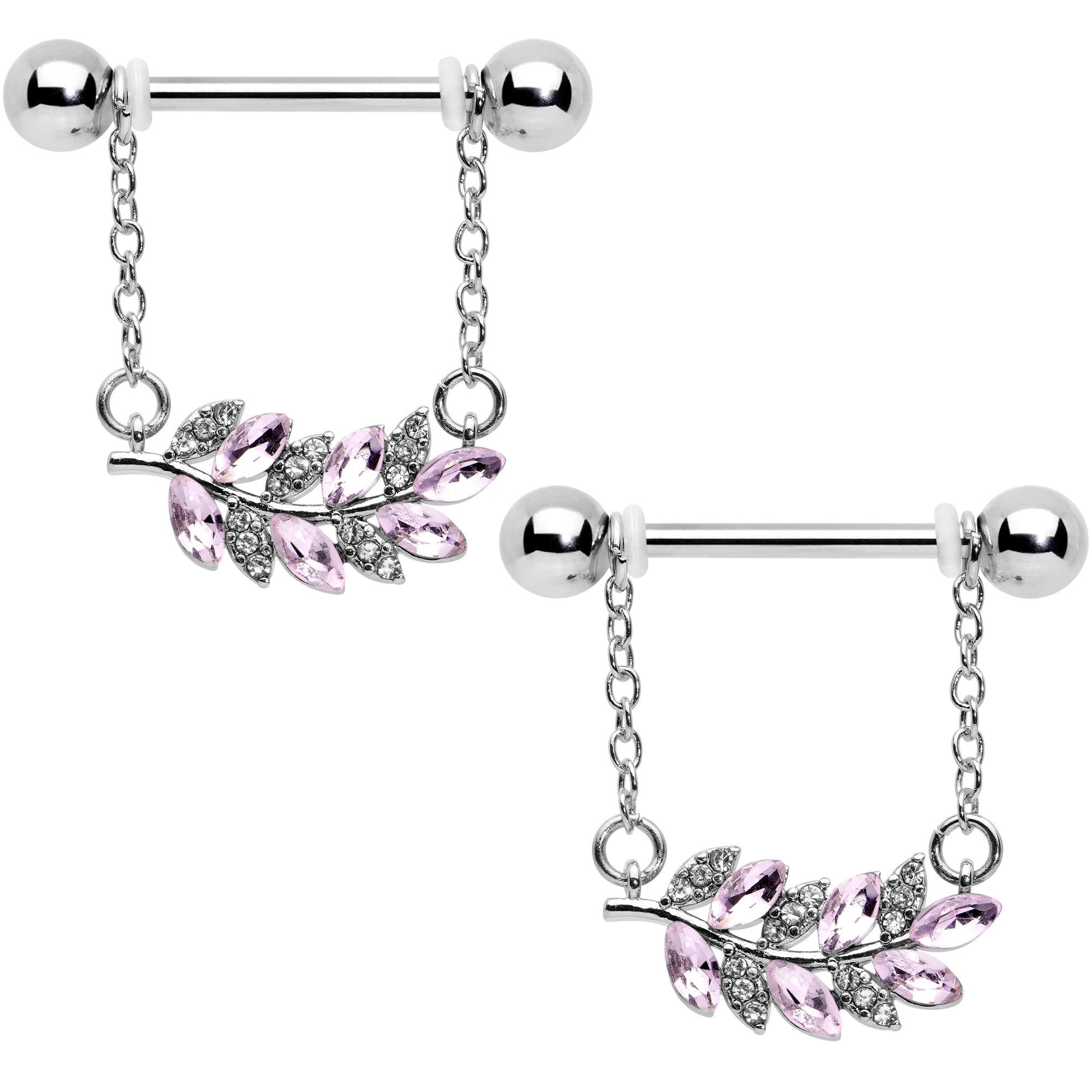 BodyCandy 14G 9/16 Clear Pink Gem Leafy Branch Dangle Nipple Ring Set — main product shot
