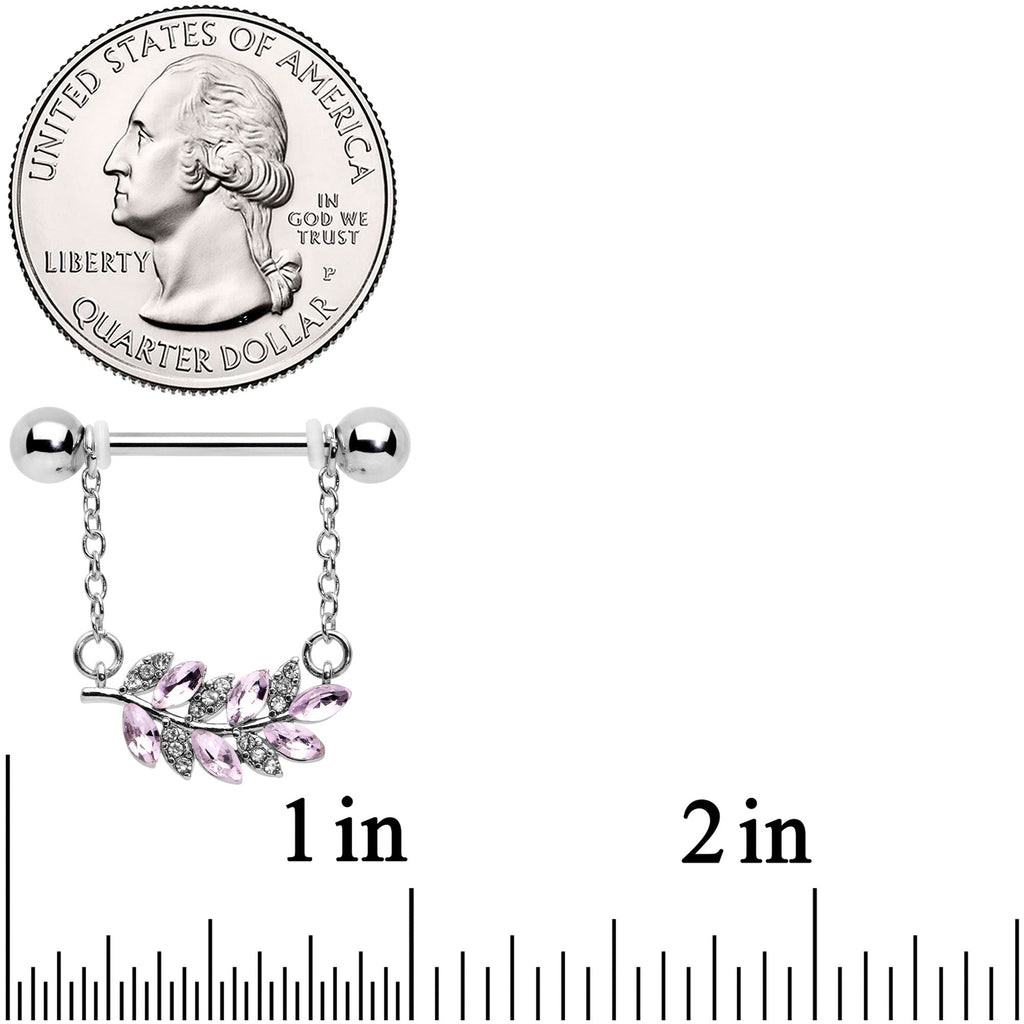 BodyCandy 14G 9/16 Clear Pink Gem Leafy Branch Dangle Nipple Ring Set — detail close-up