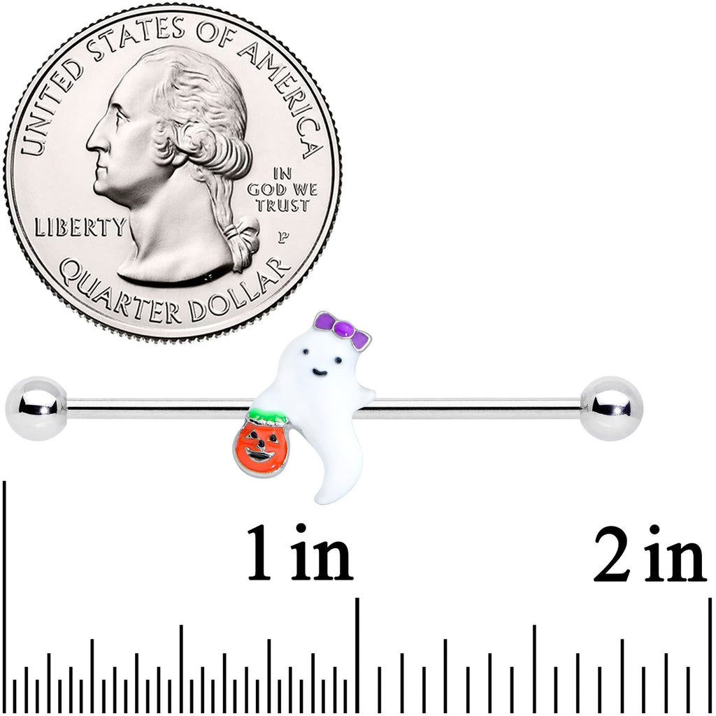 BodyCandy 14G Trick or Treat Bow Ghost Halloween Industrial Barbell 38mm — detail close-up