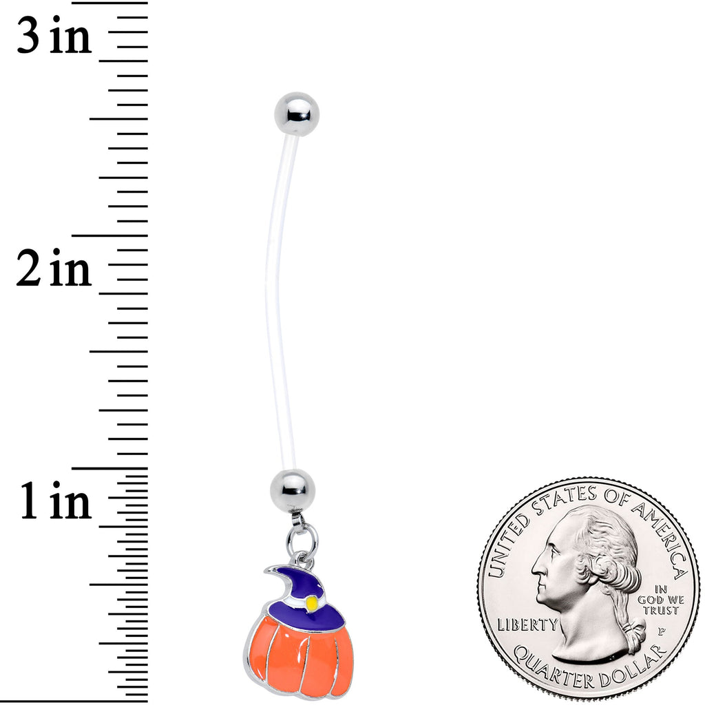 BodyCandy Clear Bioplast Witch Hat Pumpkin Halloween Dangle Pregnancy Belly Ring — detail close-up