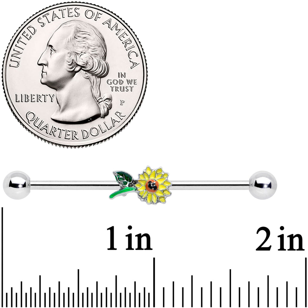 BodyCandy 14G Cheery Yellow Sunflower Industrial Barbell 38mm — detail close-up
