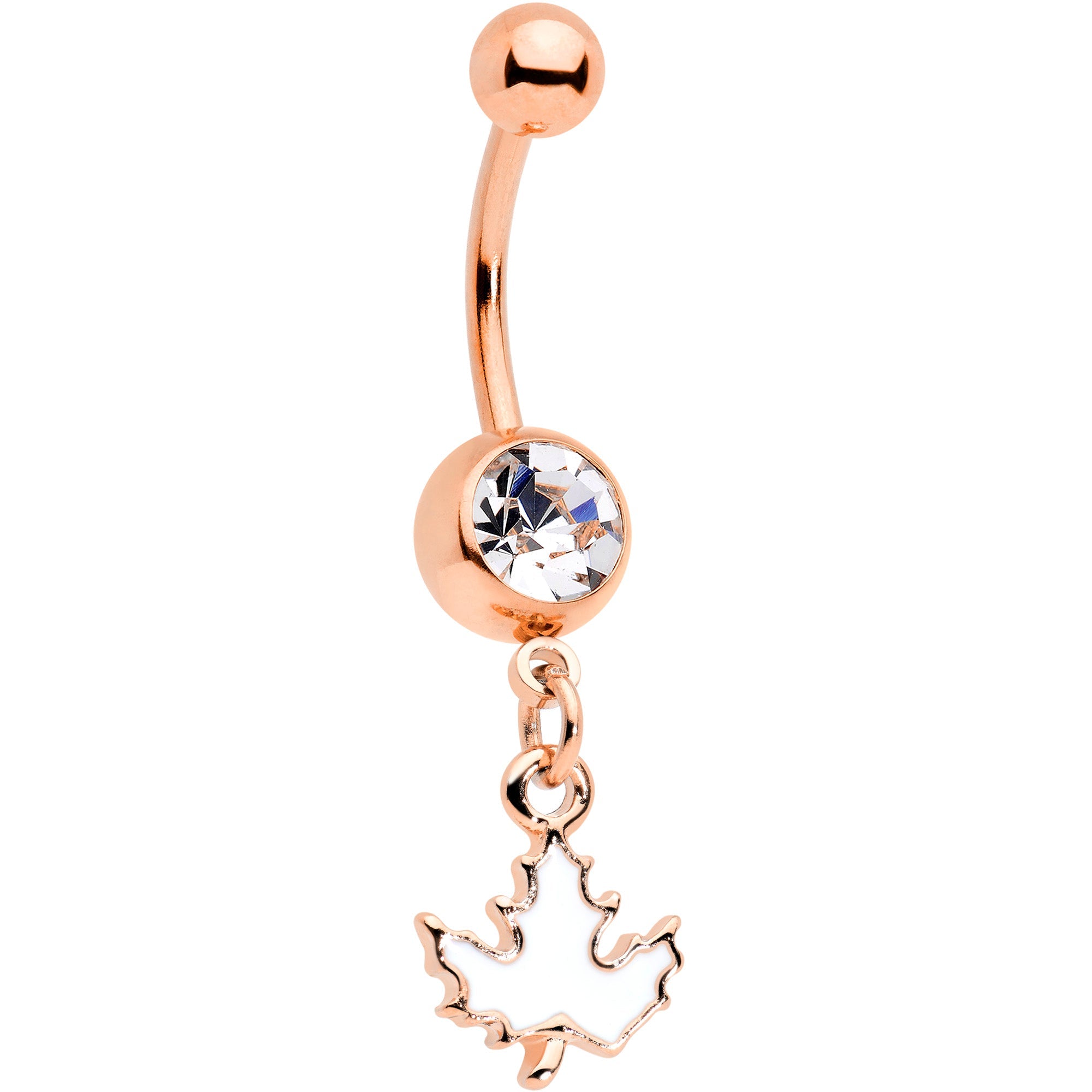 BodyCandy Clear Gem Rose Gold Tone Autumn White Maple Leaf Dangle Belly Ring — main product shot
