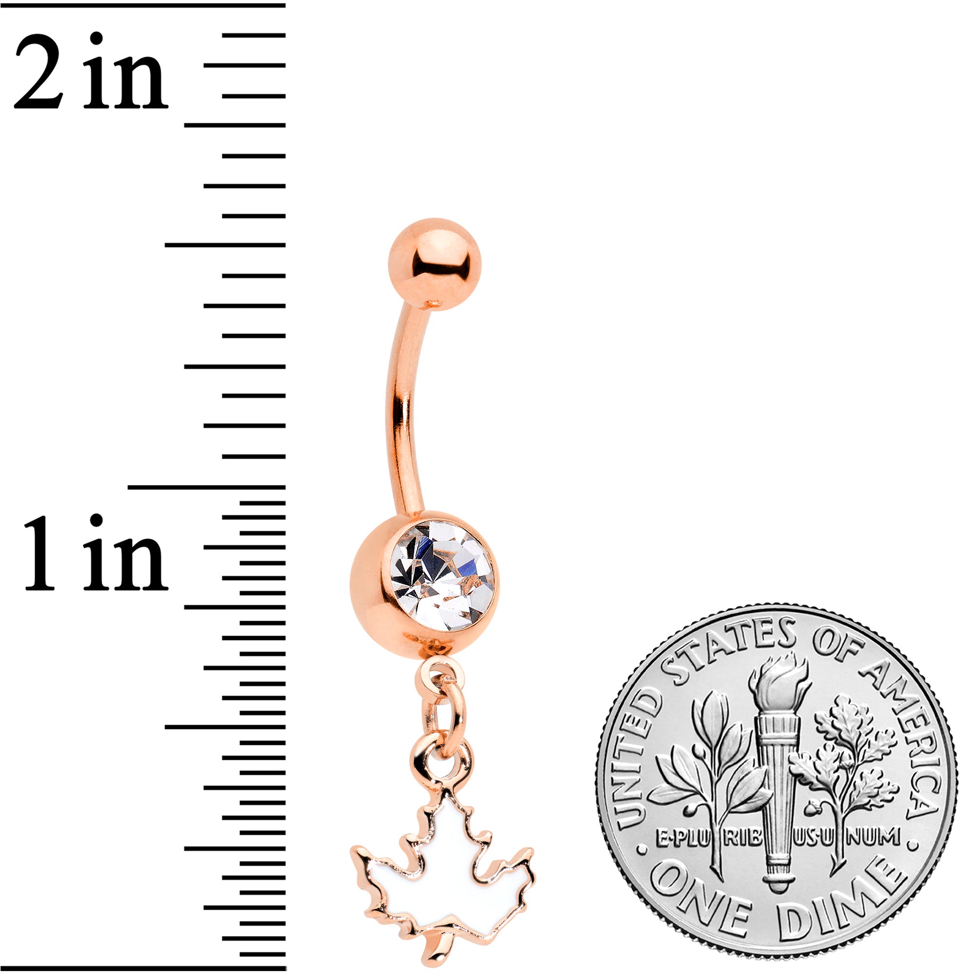 BodyCandy Clear Gem Rose Gold Tone Autumn White Maple Leaf Dangle Belly Ring — detail close-up