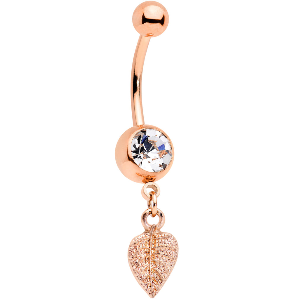 BodyCandy Clear Gem Rose Gold Tone Autumn Textured Leaf Dangle Belly Ring — main product shot