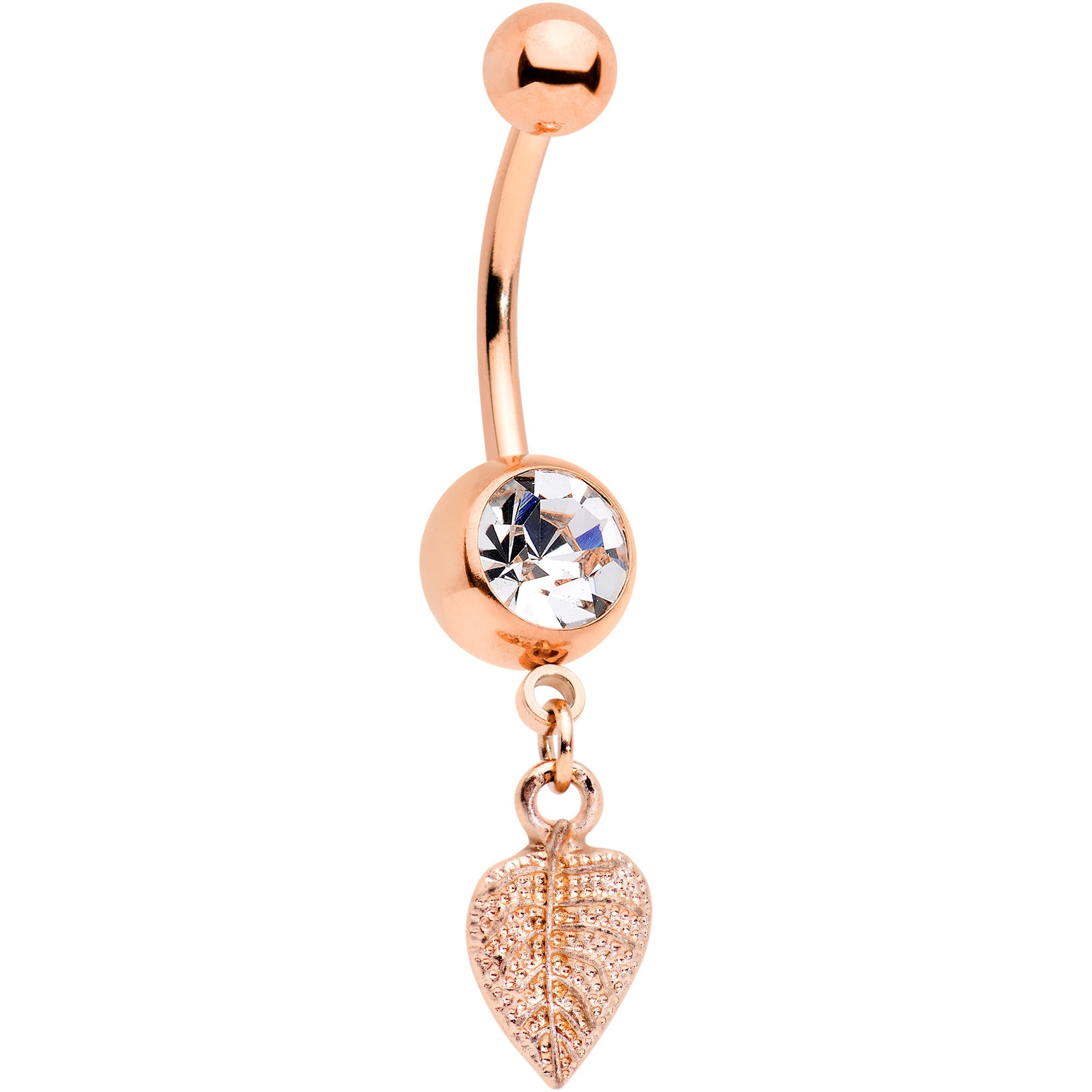 BodyCandy Clear Gem Rose Gold Tone Autumn Textured Leaf Dangle Belly Ring — main product shot