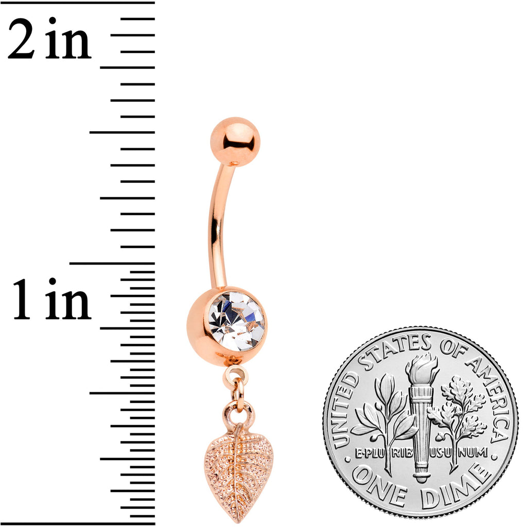BodyCandy Clear Gem Rose Gold Tone Autumn Textured Leaf Dangle Belly Ring — detail close-up