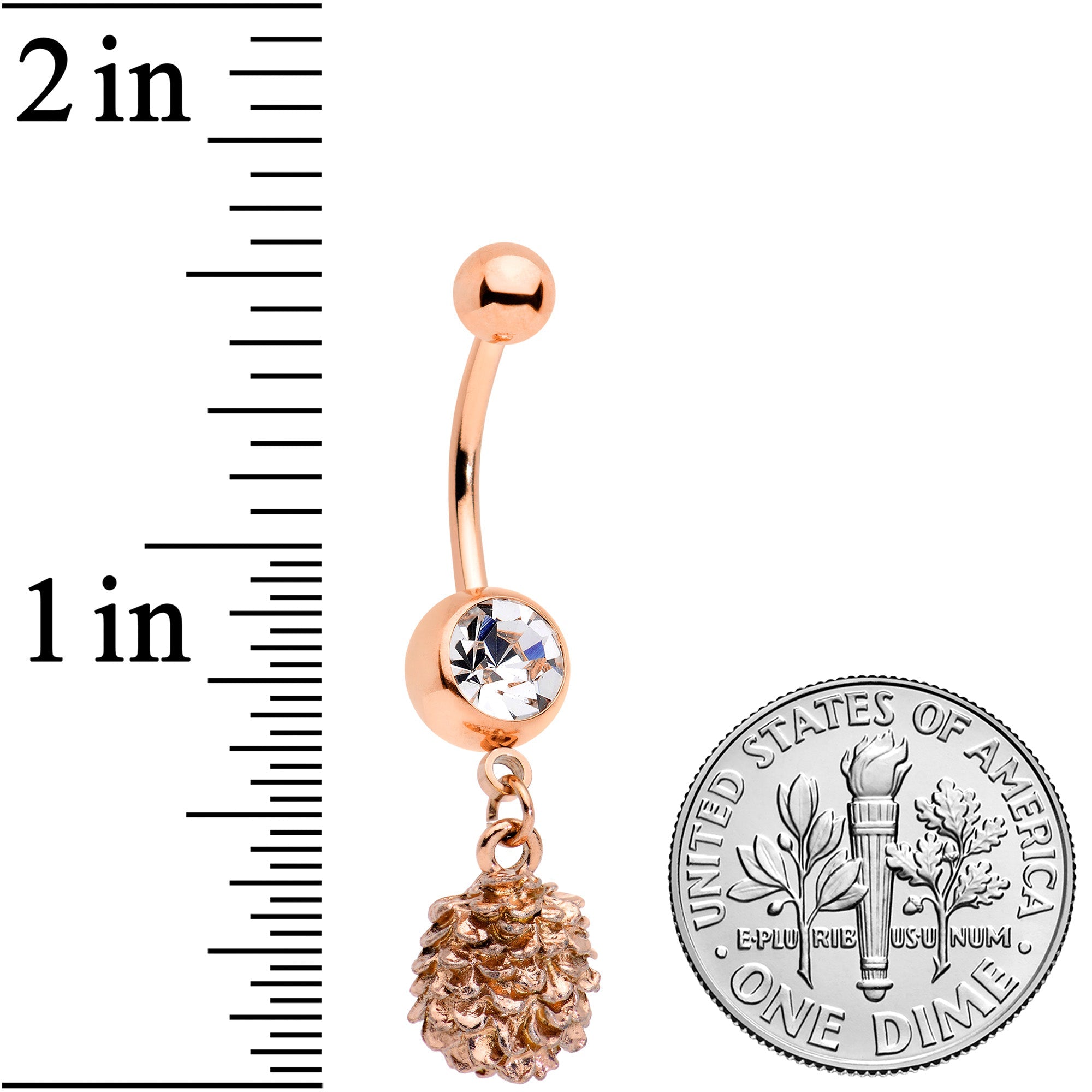 BodyCandy Clear Gem Rose Gold Tone Autumn Pine Cone Dangle Belly Ring — detail close-up