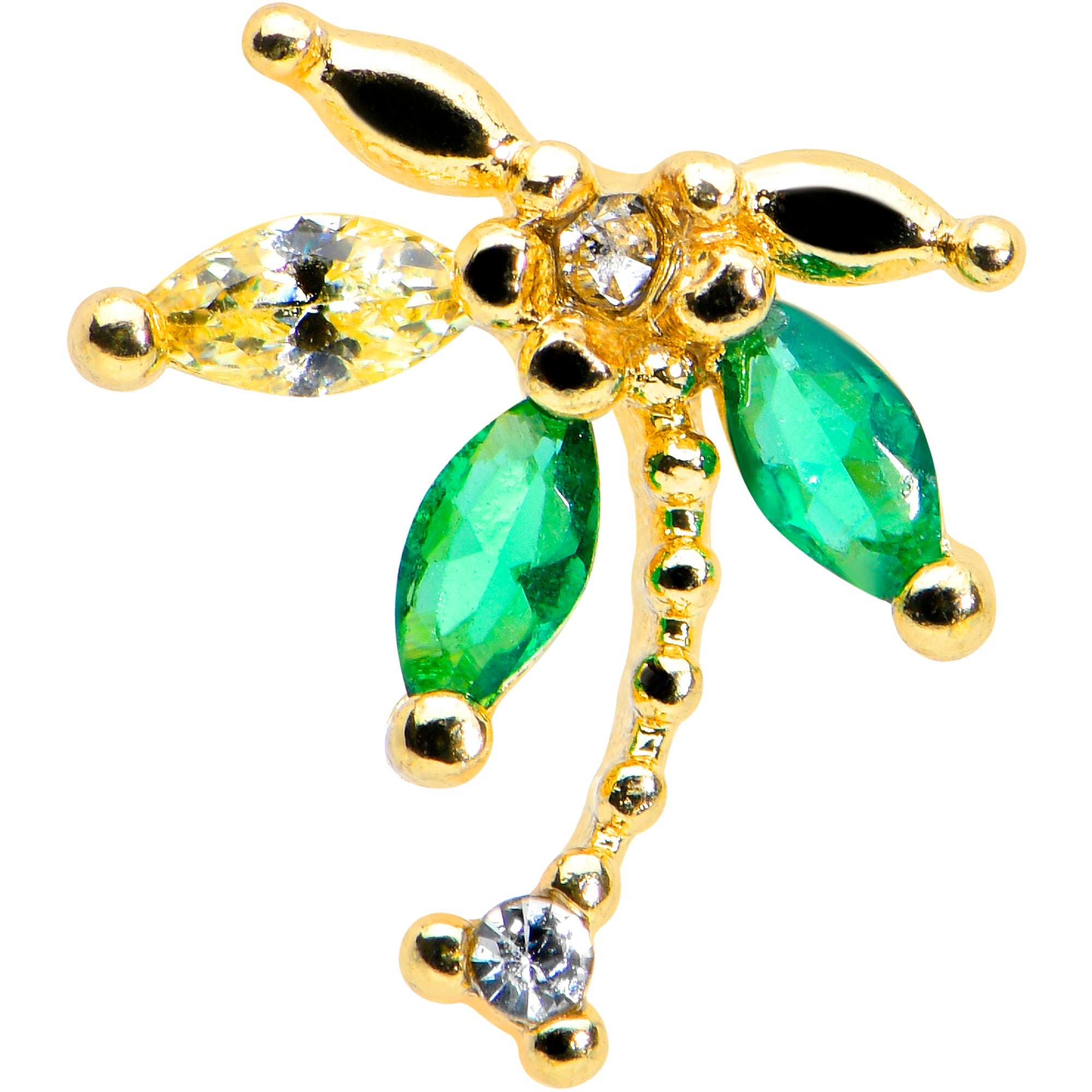 BodyCandy 16G 5/16 Green Gem Gold Tone Palm Tree Labret Monroe Tragus — detail close-up