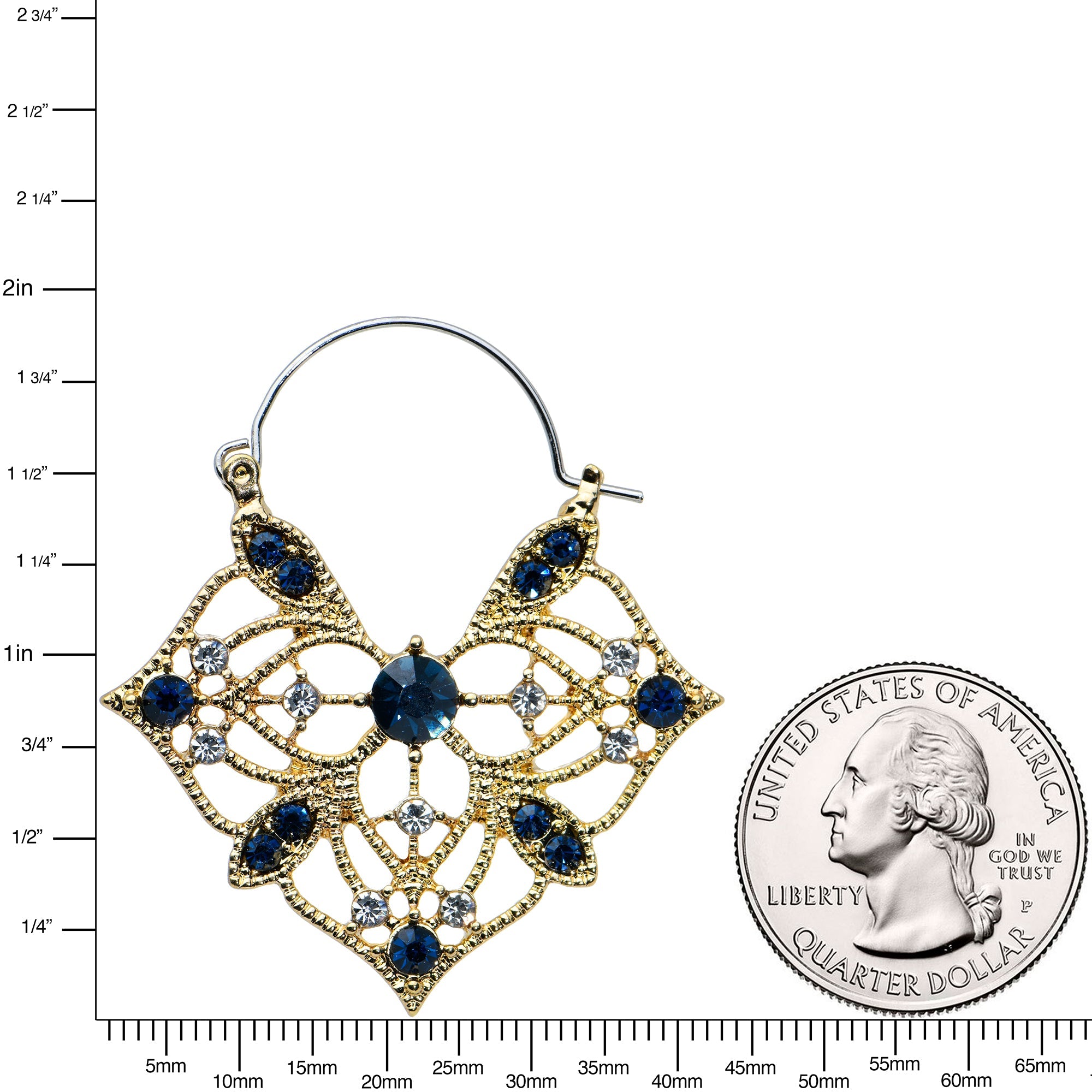 BodyCandy Black Gem Gold Tone Glamorous Art Deco Style Tunnel Plug Earrings — detail close-up