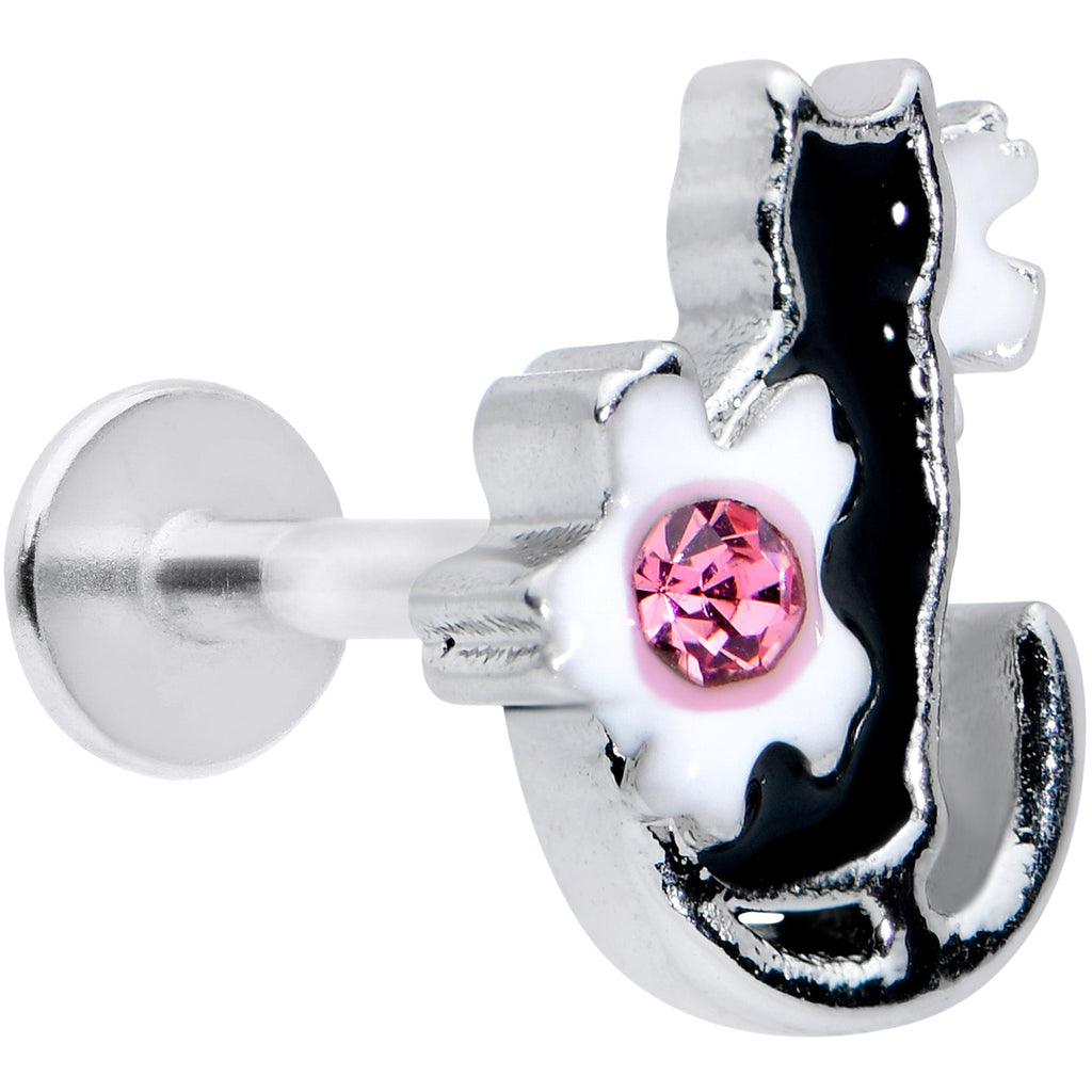 BodyCandy 16G 5/16 Pink Gem Black Cat White Flowers Labret Monroe Tragus — main product shot