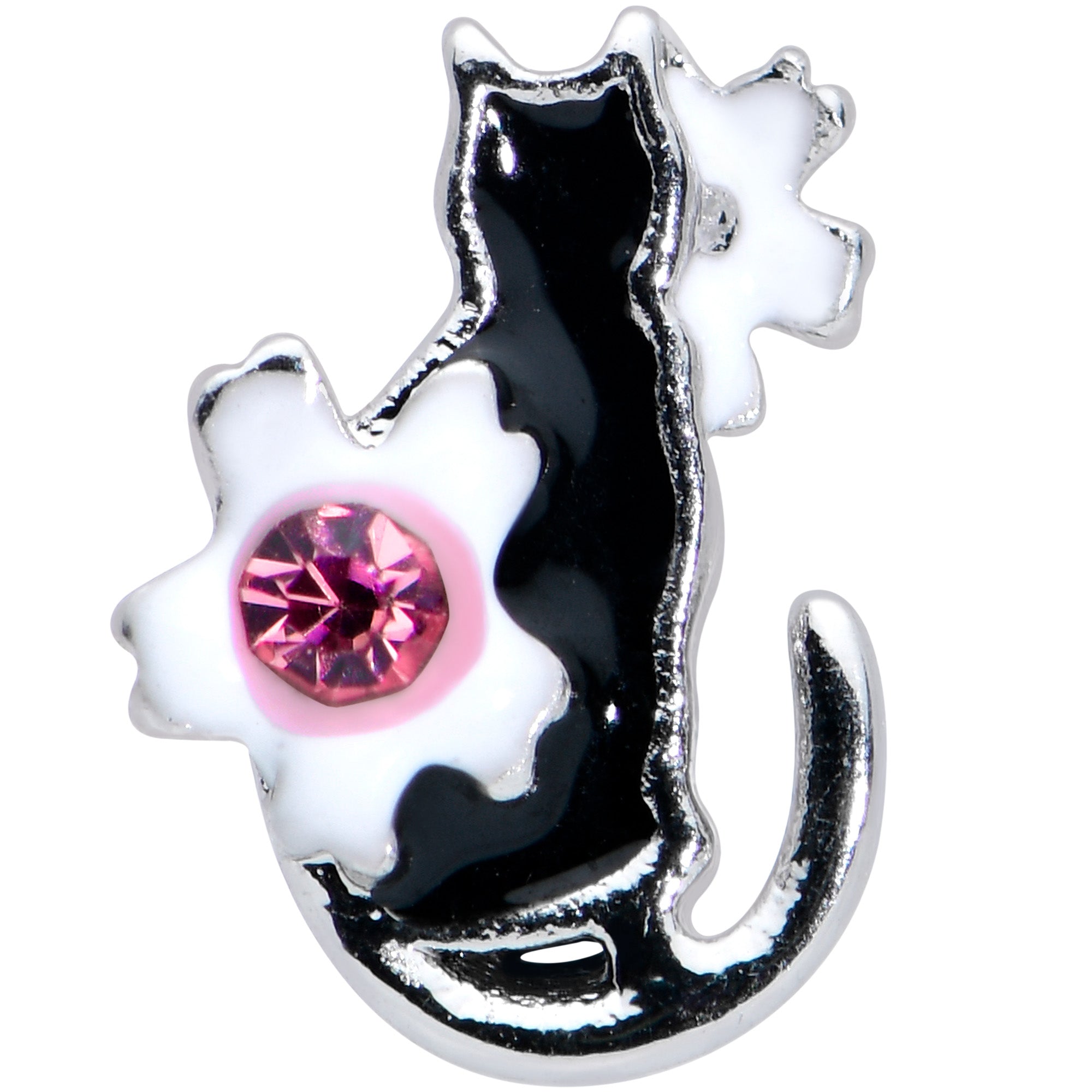 BodyCandy 16G 5/16 Pink Gem Black Cat White Flowers Labret Monroe Tragus — detail close-up