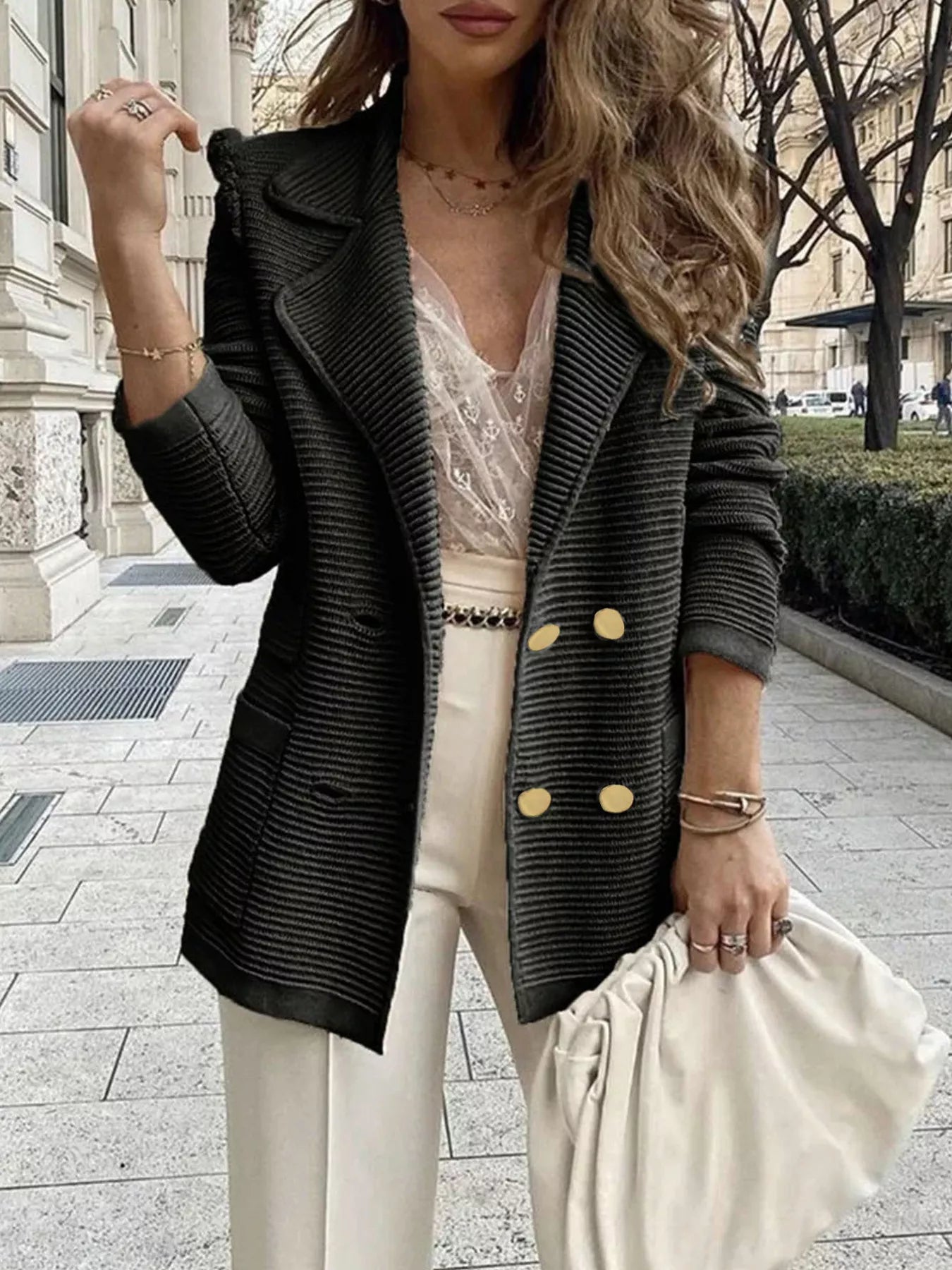 Texture Knit Double-Breasted Blazer